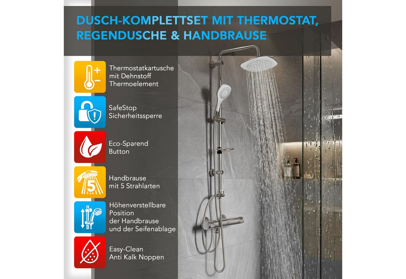 Grohe Duscharmatur Precision Flow Thermostat Set mit Aloni Duschgarnitur 3 Strahl Chrom (Spar-Set) mit Regendusche, 3 Strahlarten mit SafeStop Sicherheitssperre bei 38° Bild 4