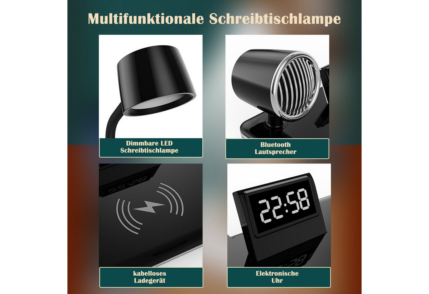 Fyrove LED Schreibtischlampe mit kabellosem Ladegerät & Bluetooth-Lautsprecher, dimmbar, 3 Farben, Touch, Alarm, USB-C