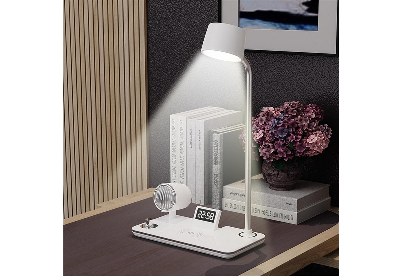 Fyrove LED Schreibtischlampe mit kabellosem Ladegerät & Bluetooth-Lautsprecher, dimmbar, 3 Farben, Touch, Alarm, USB-C Bild 3