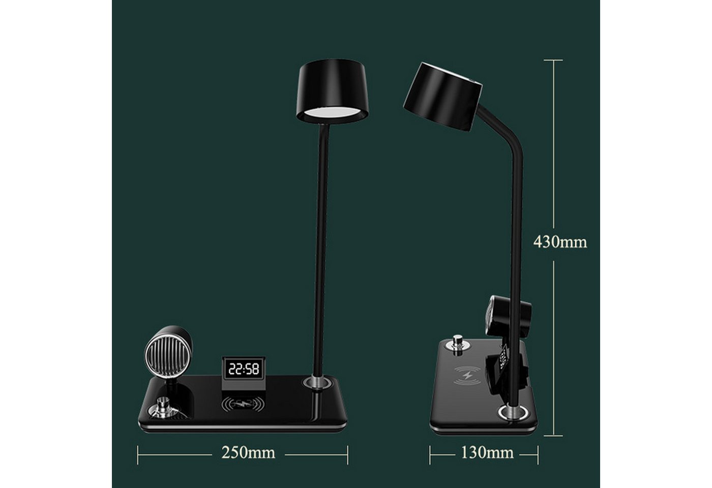 Fyrove LED Schreibtischlampe mit kabellosem Ladegerät & Bluetooth-Lautsprecher, dimmbar, 3 Farben, Touch, Alarm, USB-C Bild 4