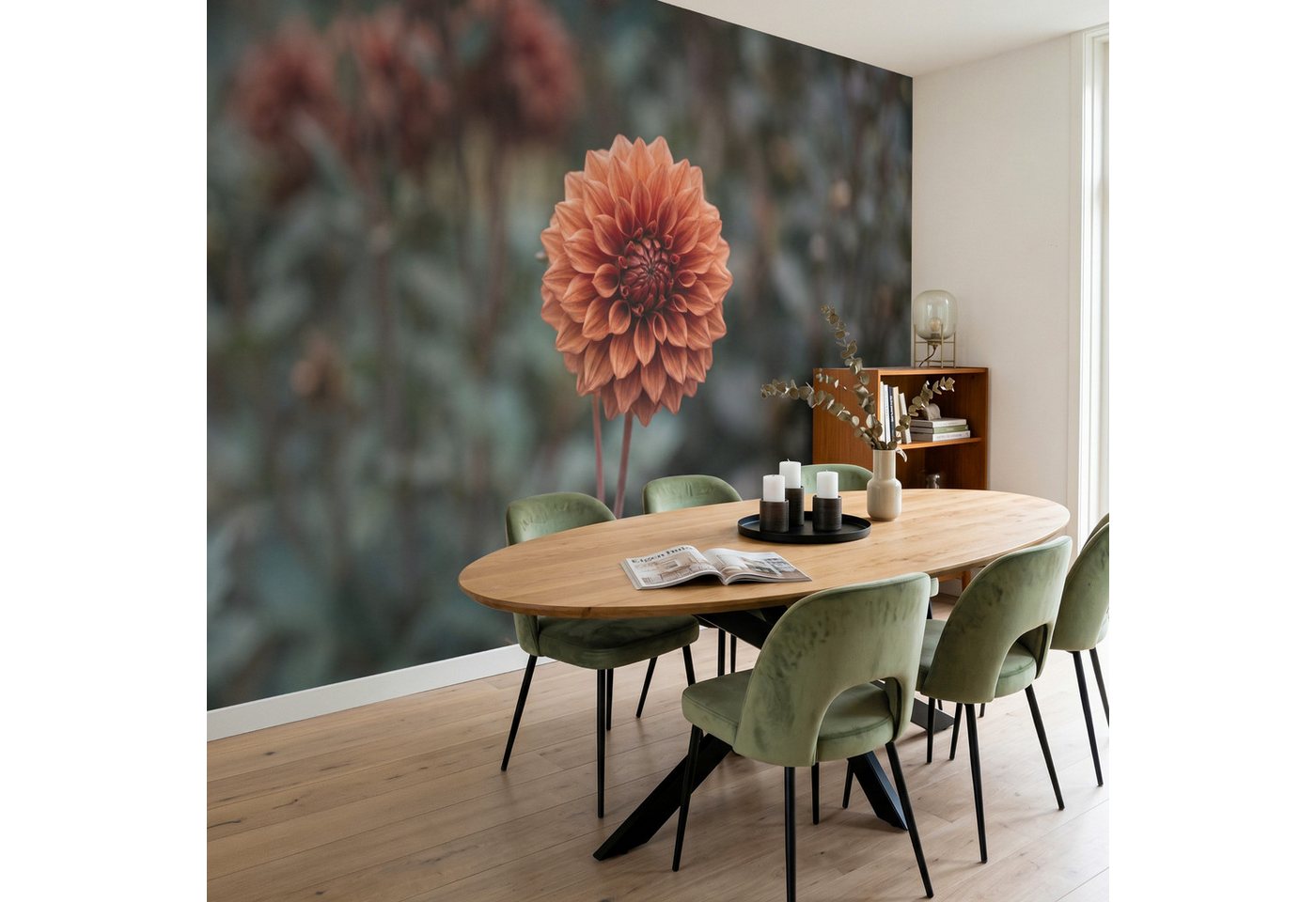 OnlyWow Fototapete Dahlie - Blume - Natur - Atmosphärisch, Matt, bedruckt, Wohnzimmer, Modern, Wanddekoration, Vliestapete 100x70cm