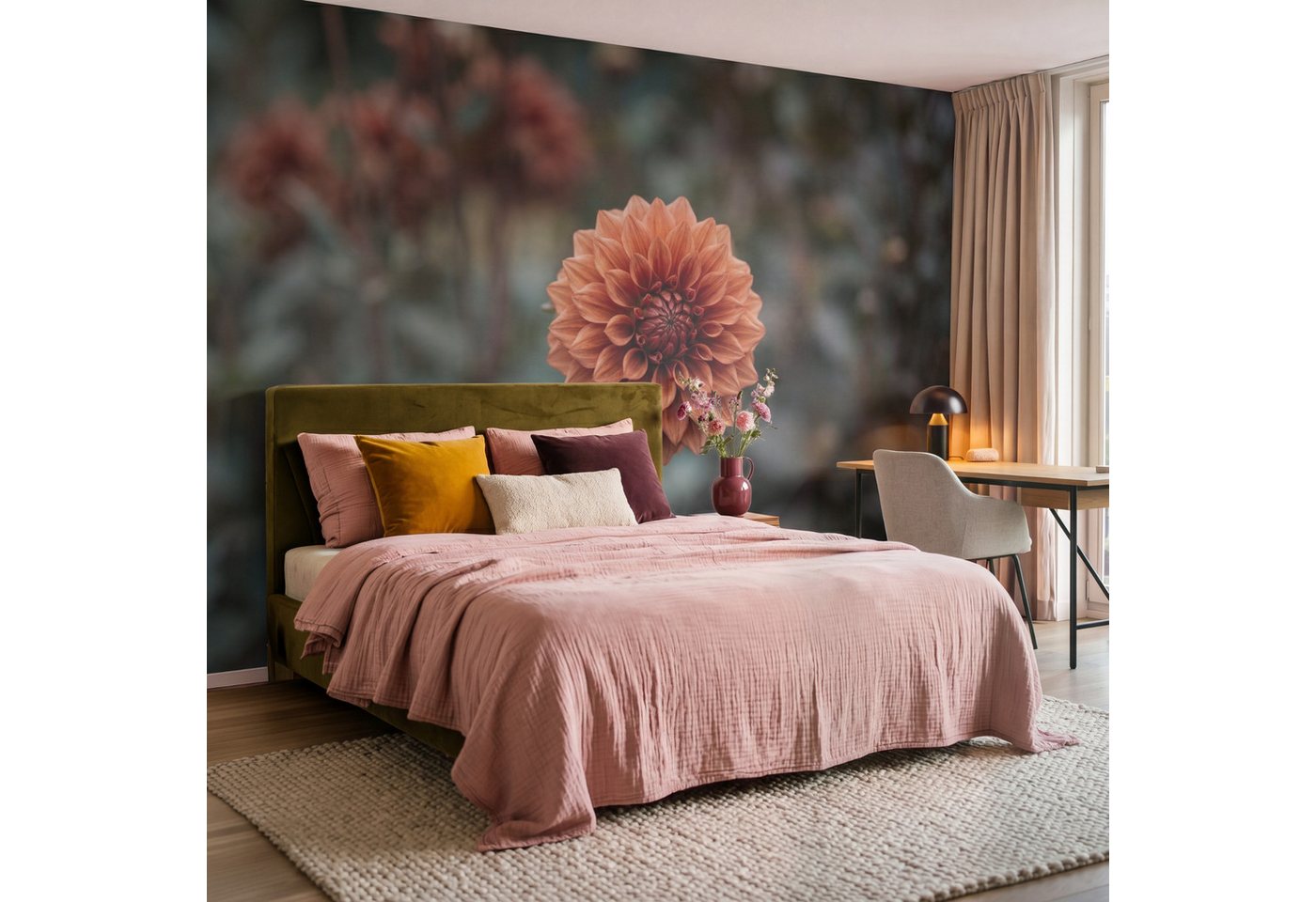 OnlyWow Fototapete Dahlie - Blume - Natur - Atmosphärisch, Matt, bedruckt, Wohnzimmer, Modern, Wanddekoration, Vliestapete 100x70cm Bild 3