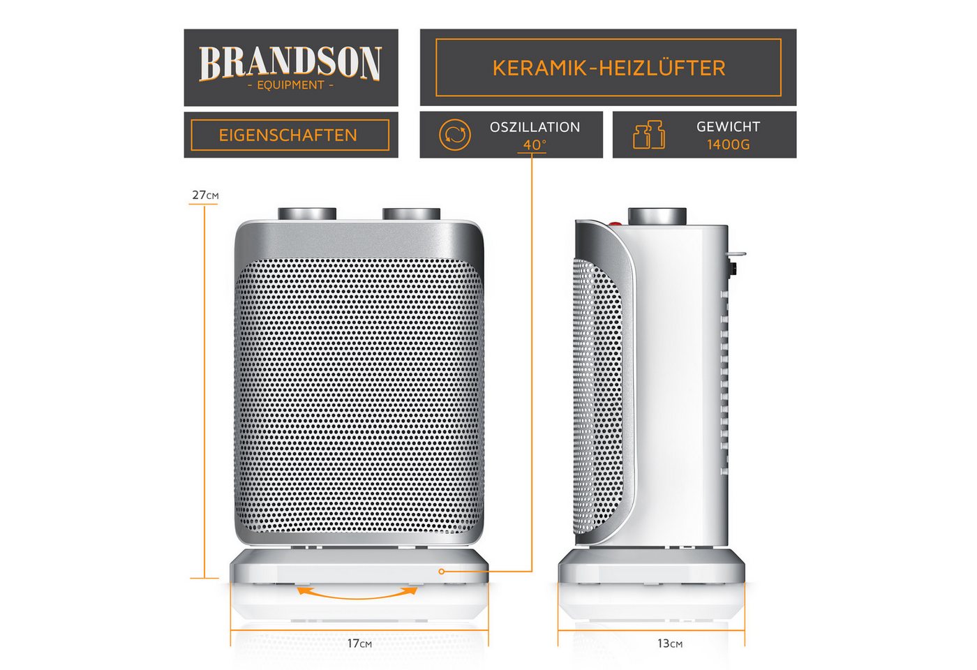 Brandson Keramikheizlüfter Keramikheizlüfter 1500 W mit Oszillation & Thermostat für Badezimmer, 1500 W, Energiesparend, leise, Temperaturregelung, Thermosicherung, Heizung Bild 4