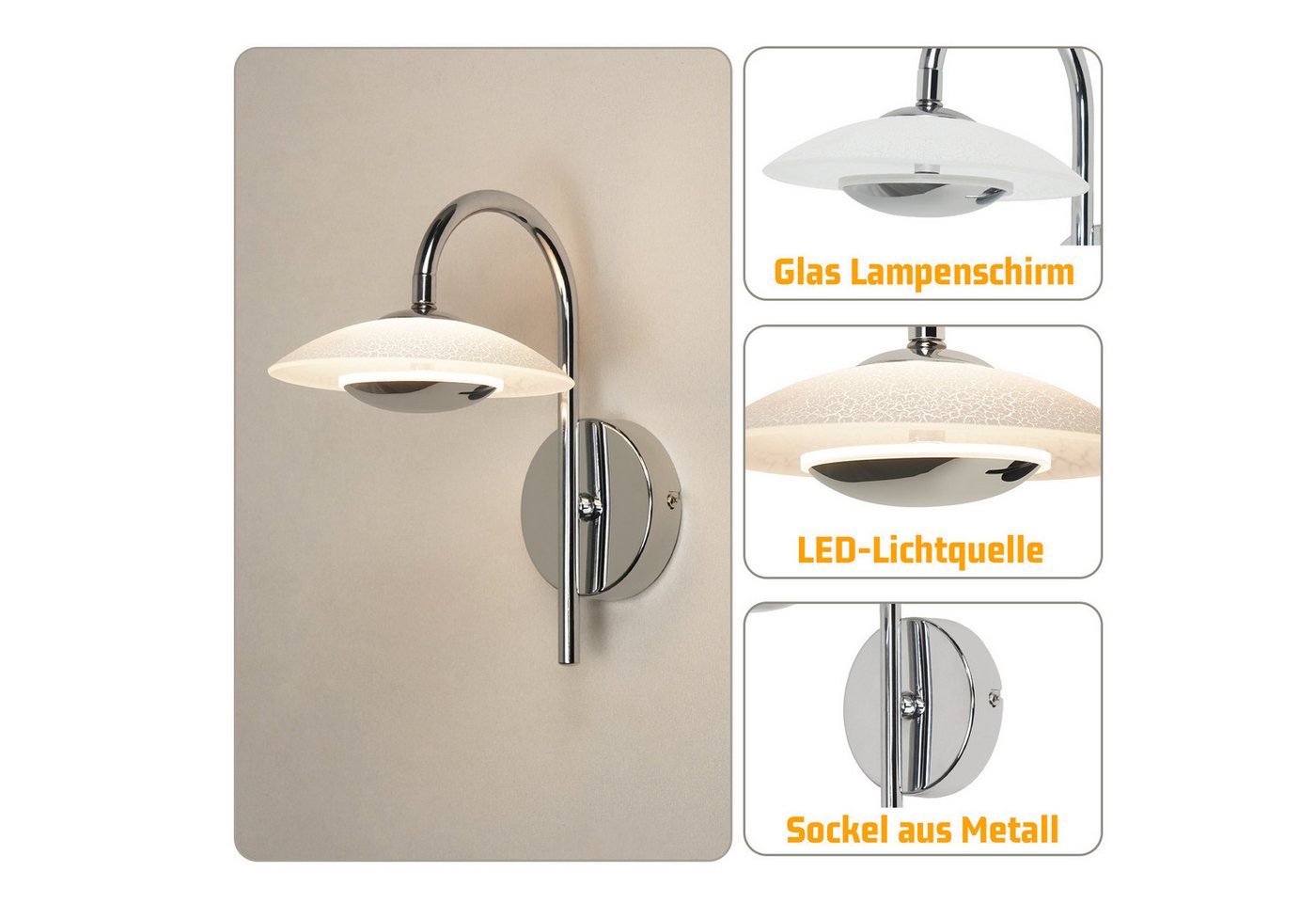 ZMH LED Wandleuchte Innen Modern Design Chrom Flurlampe 3000K Glas für Hotel Treppenhaus, LED fest integriert, 7W Metall Rund Schlafzimmerlampe Wohnzimmer