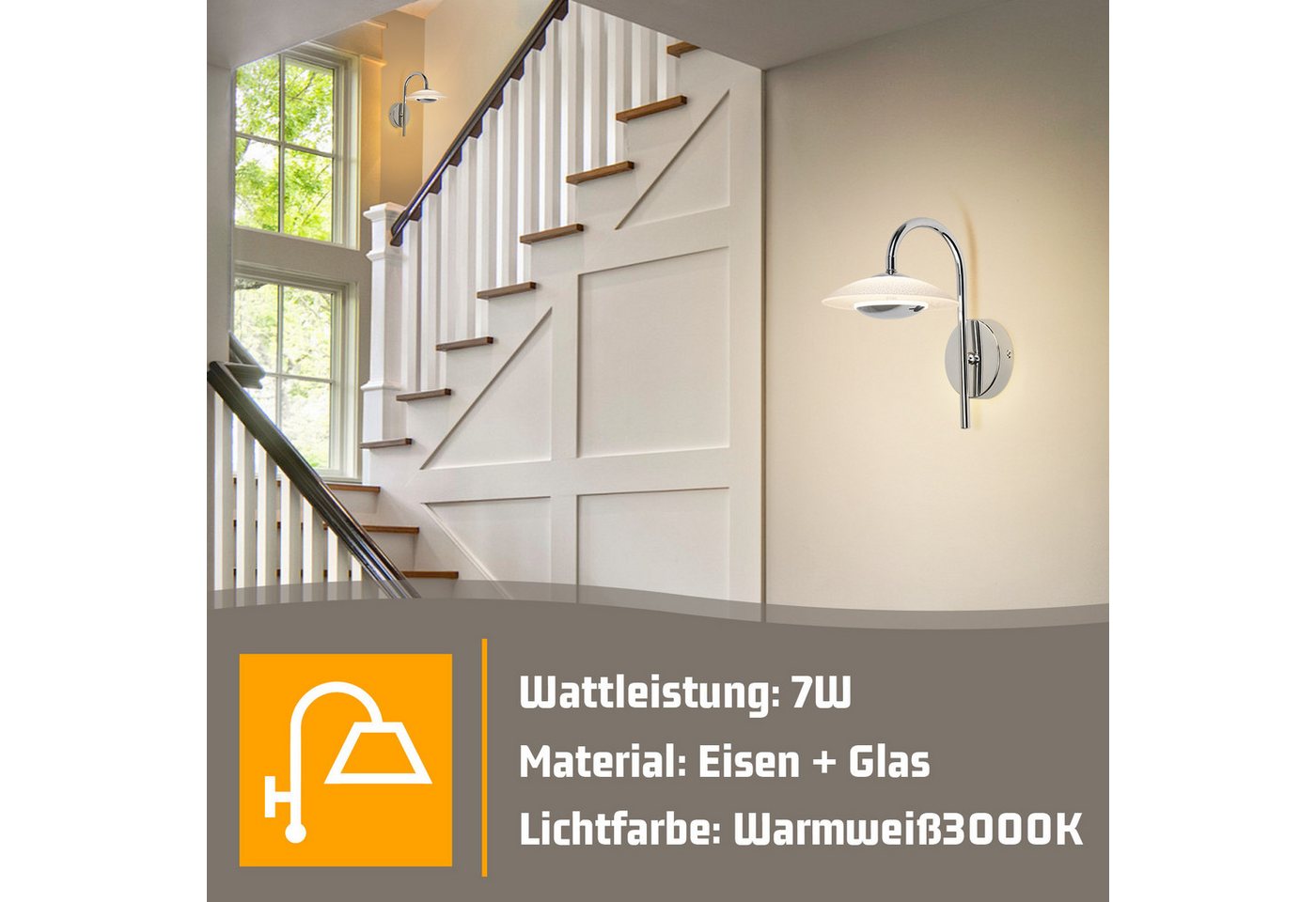 ZMH LED Wandleuchte Innen Modern Design Chrom Flurlampe 3000K Glas für Hotel Treppenhaus, LED fest integriert, 7W Metall Rund Schlafzimmerlampe Wohnzimmer Bild 5