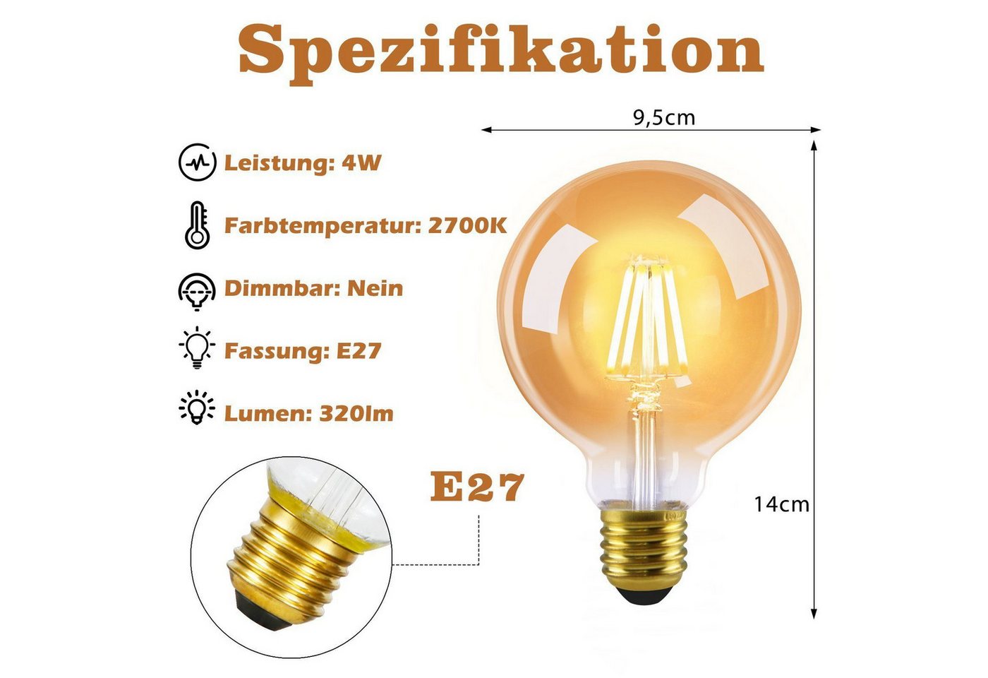 ZMH LED-Leuchtmittel G95 E27, LED Glühbirne 4 W, 2700 K warmweiß, Vintage Filament, E27, 2 St., warmweiß, nicht dimmbar