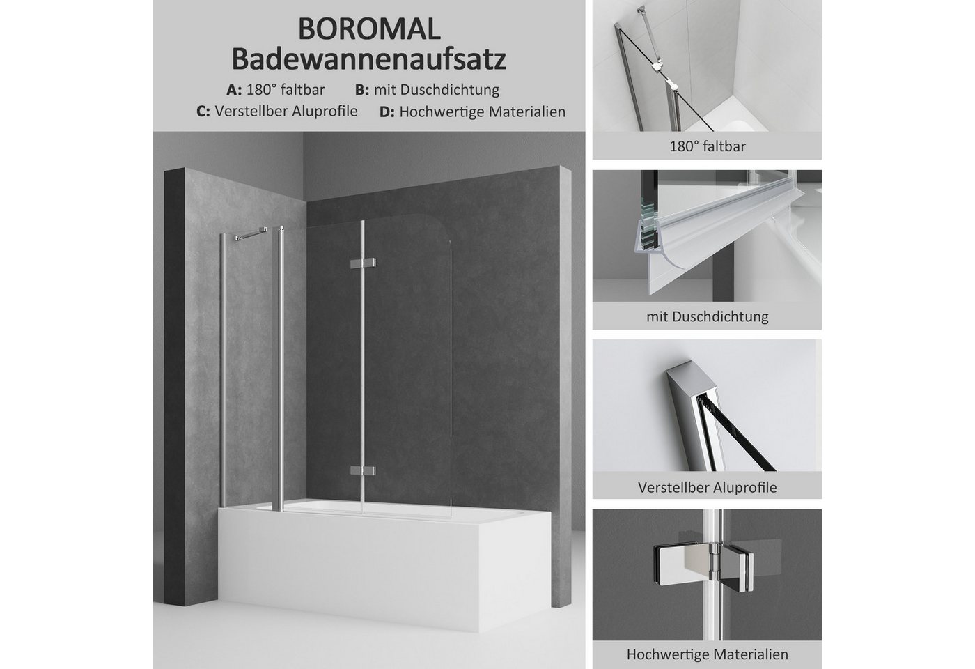 Boromal Badewannenaufsatz 160x140 150x140 Duschabtrennung Badewanne Badewannenfaltwand 6mm NANO, Sicherheitsglas mit beidseitig Nano Beschichtung, (180° Faltwand, mit Haltestange), Rechts-und Links montierbar, Hebe- / Senkfunktion Bild 2