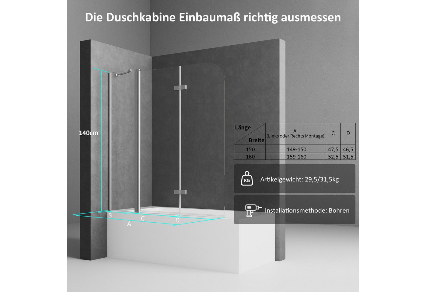 Boromal Badewannenaufsatz 160x140 150x140 Duschabtrennung Badewanne Badewannenfaltwand 6mm NANO, Sicherheitsglas mit beidseitig Nano Beschichtung, (180° Faltwand, mit Haltestange), Rechts-und Links montierbar, Hebe- / Senkfunktion Bild 3