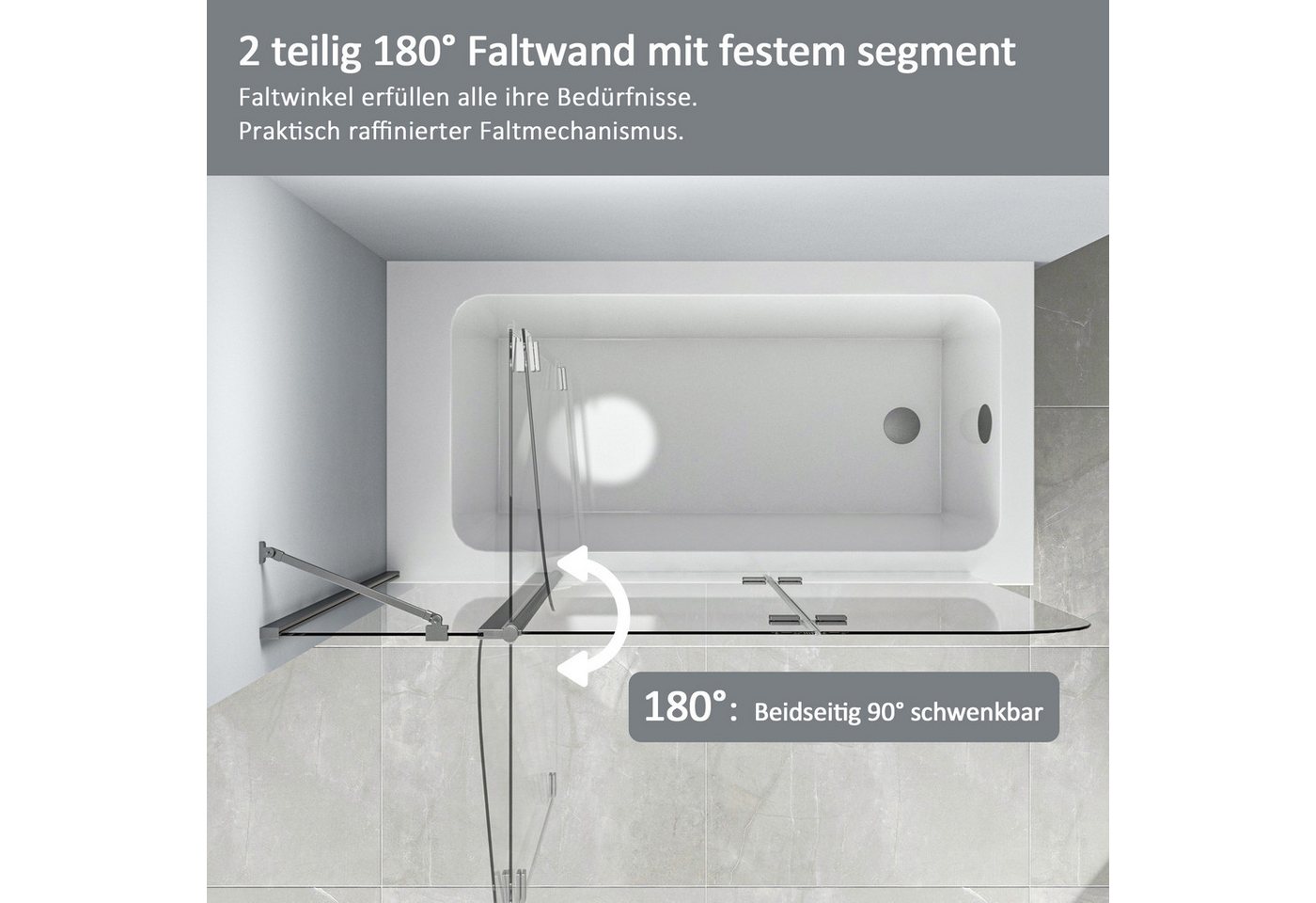 Boromal Badewannenaufsatz 160x140 150x140 Duschabtrennung Badewanne Badewannenfaltwand 6mm NANO, Sicherheitsglas mit beidseitig Nano Beschichtung, (180° Faltwand, mit Haltestange), Rechts-und Links montierbar, Hebe- / Senkfunktion Bild 4