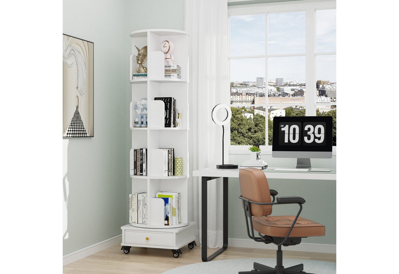 JEOBEST Bücherregal Drehbares Bücherregal, Rollende Bücherregale auf Rädern, 5-stöckiges mit Schublade, 360-Grad-Display, Multifunktionaler Bild 2