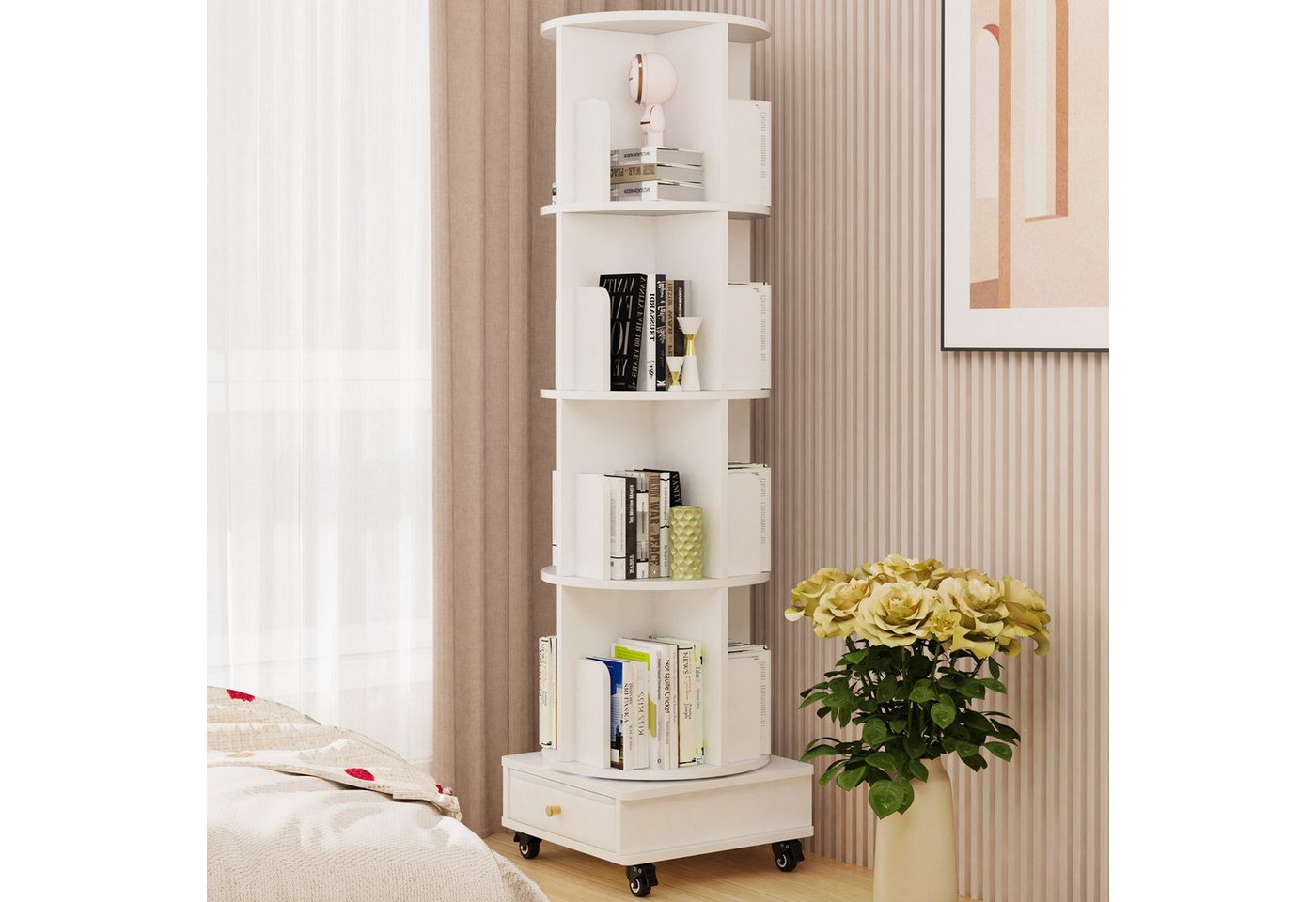 JEOBEST Bücherregal Drehbares Bücherregal, Rollende Bücherregale auf Rädern, 5-stöckiges mit Schublade, 360-Grad-Display, Multifunktionaler Bild 3