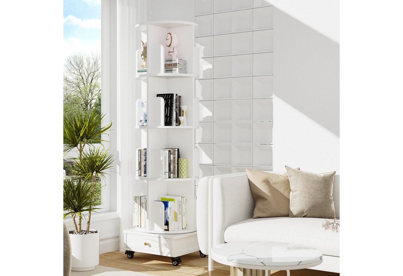 JEOBEST Bücherregal Drehbares Bücherregal, Rollende Bücherregale auf Rädern, 5-stöckiges mit Schublade, 360-Grad-Display, Multifunktionaler Bild 4