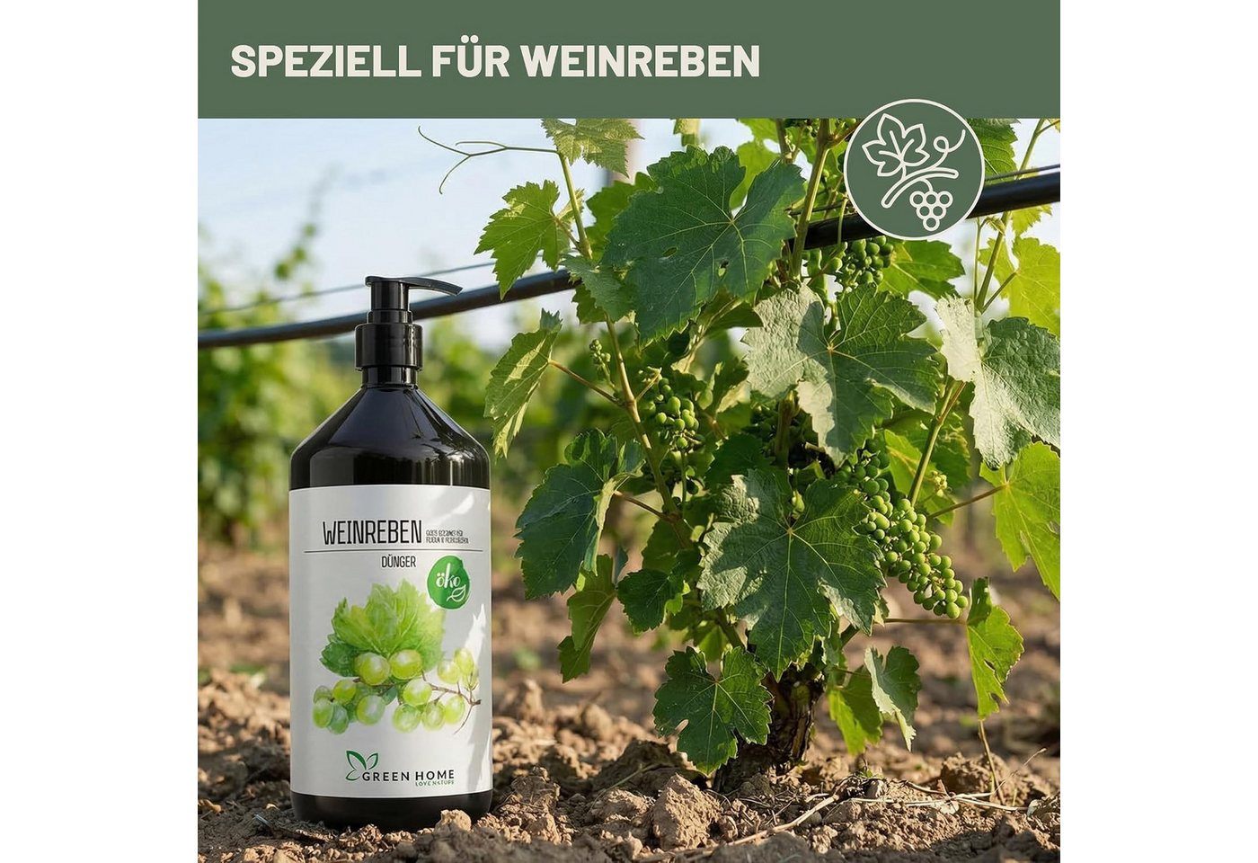 GREEN HOME LOVE NATURE Obstdünger Flüssigdünger NPK 5+5+7 für Weinreben, Feigen & Heidelbeeren, Weinreben, NPK 5+5+7, Spurennährstoffe, chelatiert, Dosierpumpe