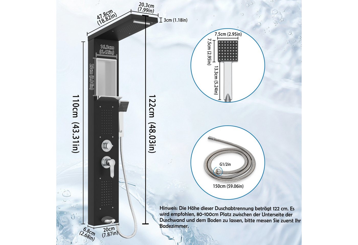 FIVMEN Duschsystem 5‑in‑1 Duschpaneel aus Gebürstetem Edelstahl Regendusche Wasserfall, Rückenmassage Handbrause multifunktional einfache Wandmontage Bild 3
