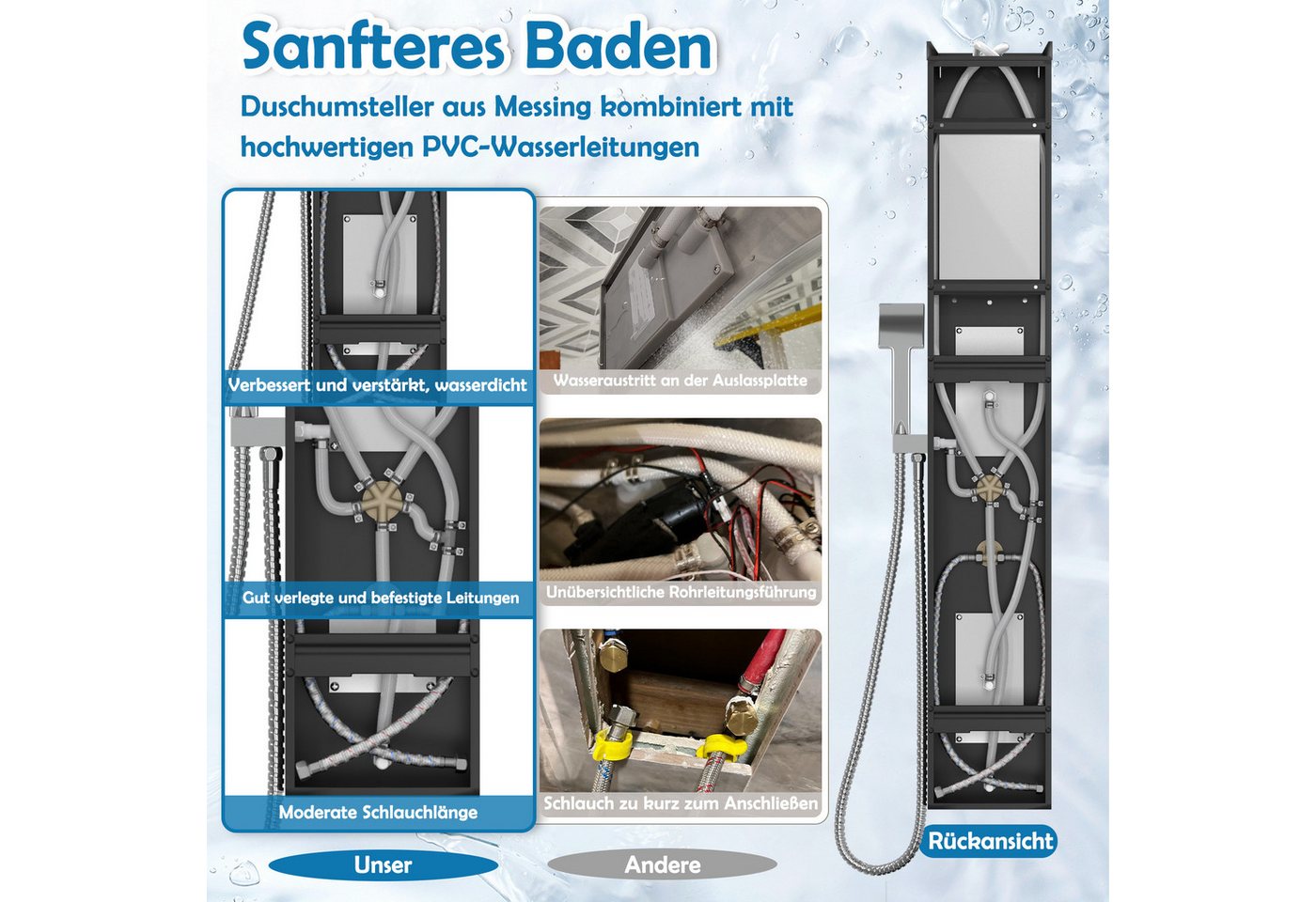 FIVMEN Duschsystem 5‑in‑1 Duschpaneel aus Gebürstetem Edelstahl Regendusche Wasserfall, Rückenmassage Handbrause multifunktional einfache Wandmontage Bild 5