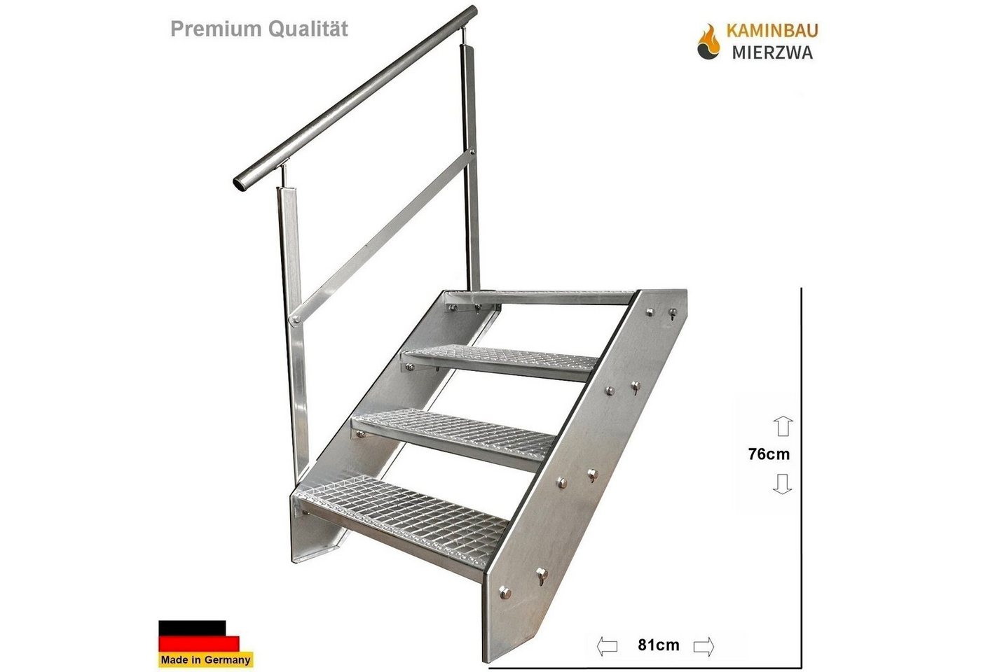 Kaminbau Mierzwa Außentreppe Premium Treppe Verzinkt mit und ohne Geländer, für Geschosshöhen bis 76.00 cm, Stufen Gitterroststufen nach DIN 24531, (Höhe 76 cm, Stufenbreite und Geländerart wählbar), Gartentreppe Stahltreppe Wetterfest Rostfrei Feuer-Verzinkt Rutschfest Bild 2
