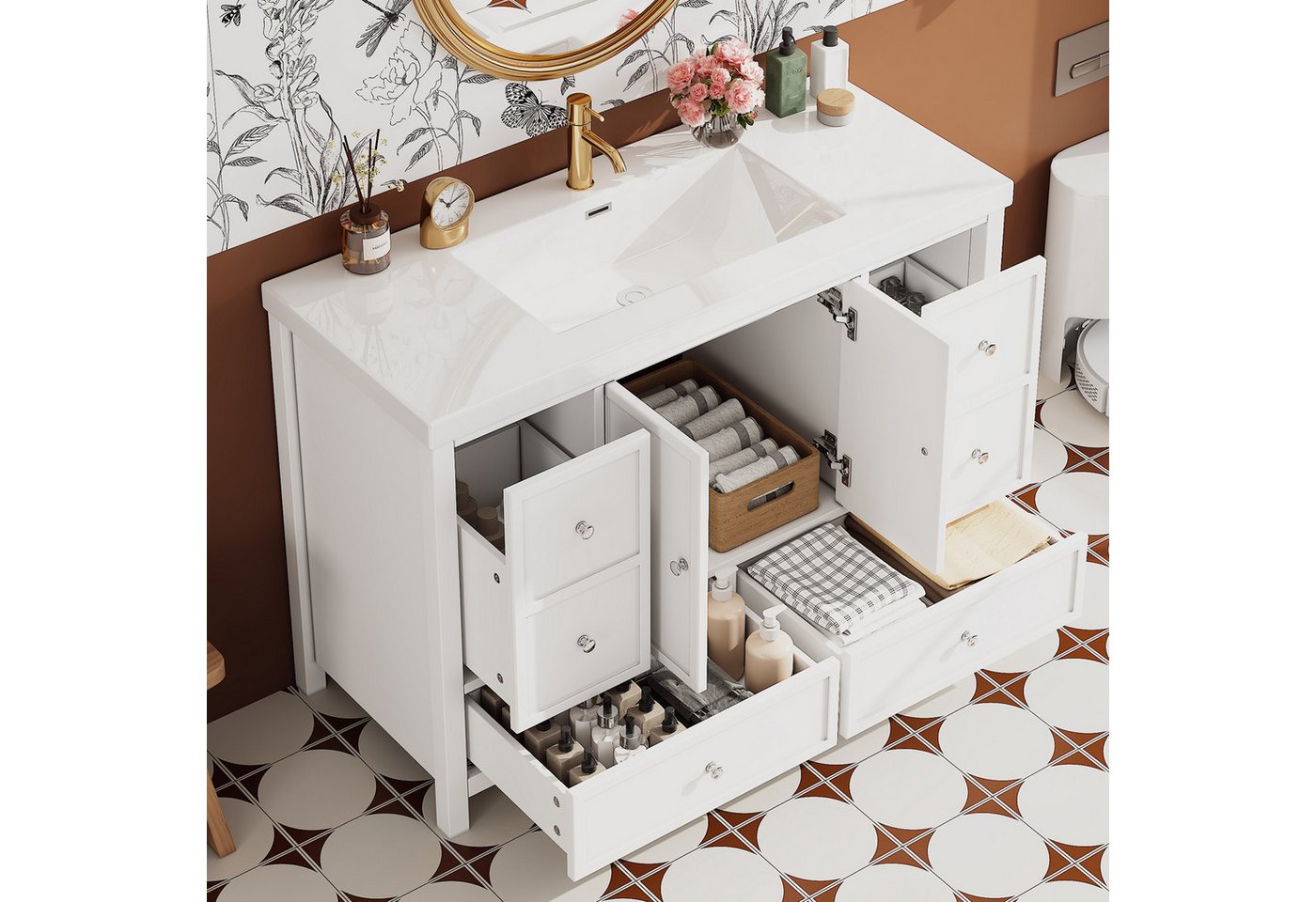 Merax Waschbeckenunterschrank Badezimmerschrank mit Waschbecken (1-St., Freistehend Waschtisch 120cm) mit 4 Schubladen, 2 Türen Soft-Close, Stauraum, Modern