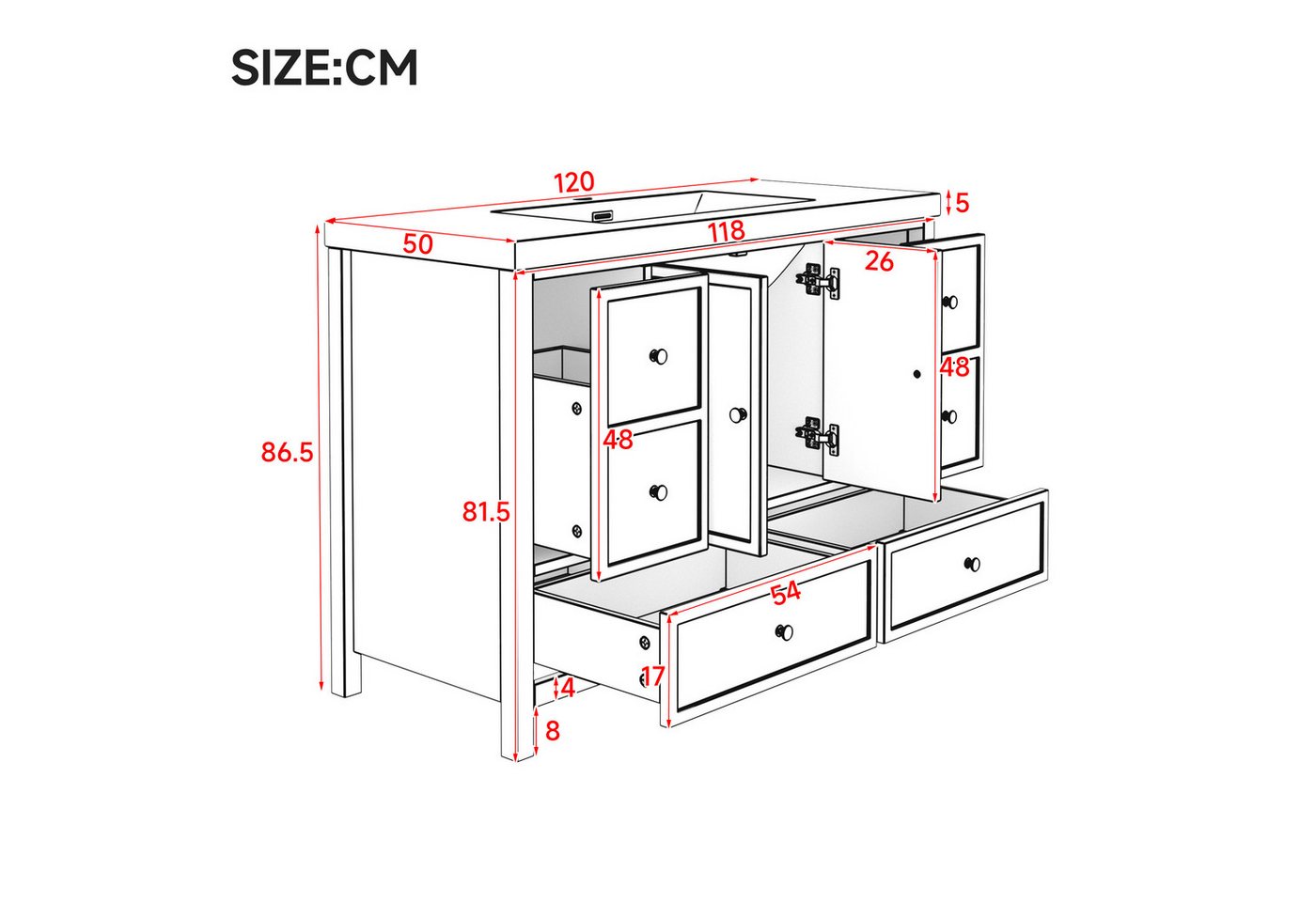 Merax Waschbeckenunterschrank Badezimmerschrank mit Waschbecken (1-St., Freistehend Waschtisch 120cm) mit 4 Schubladen, 2 Türen Soft-Close, Stauraum, Modern Bild 2