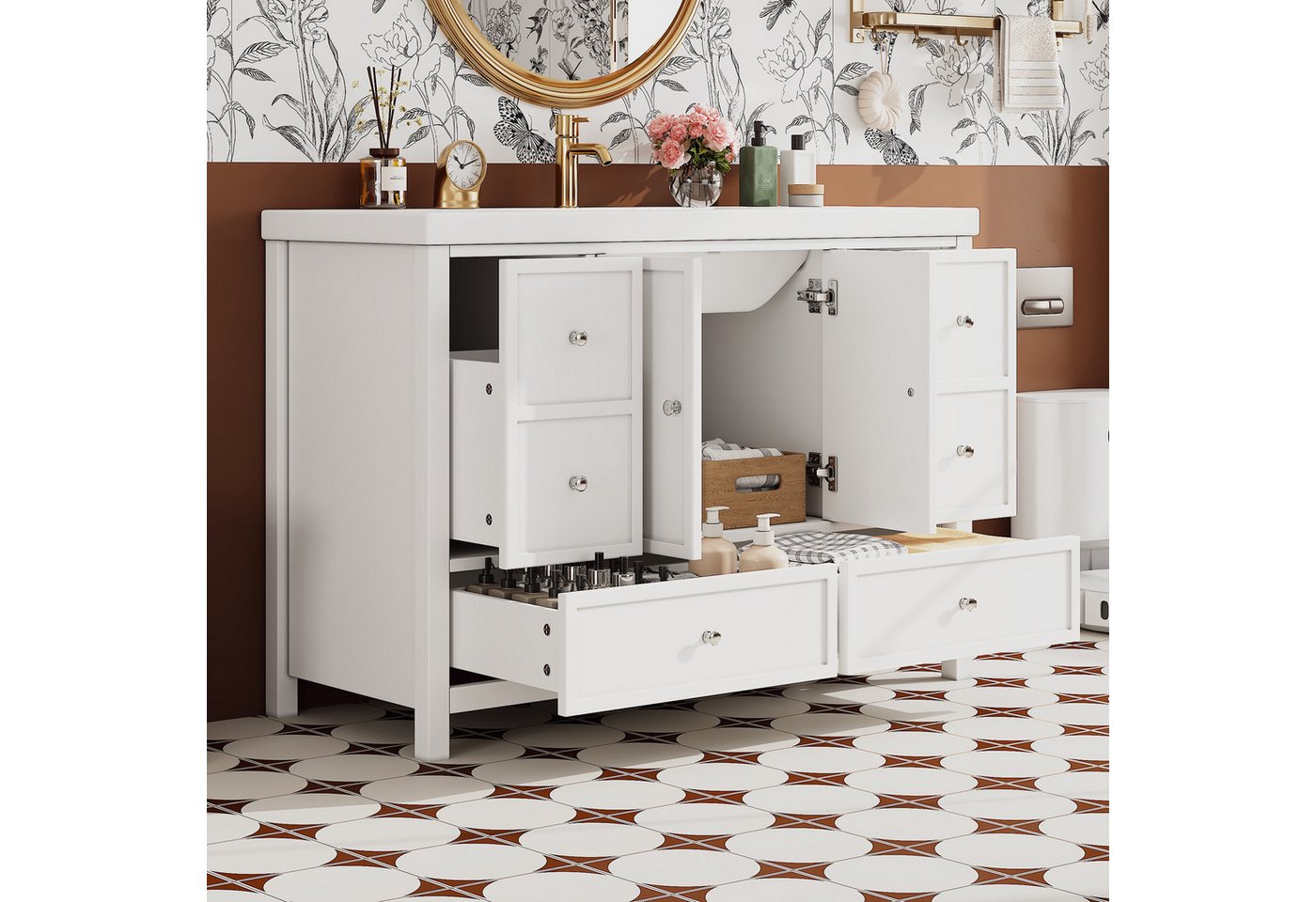 Merax Waschbeckenunterschrank Badezimmerschrank mit Waschbecken (1-St., Freistehend Waschtisch 120cm) mit 4 Schubladen, 2 Türen Soft-Close, Stauraum, Modern Bild 5