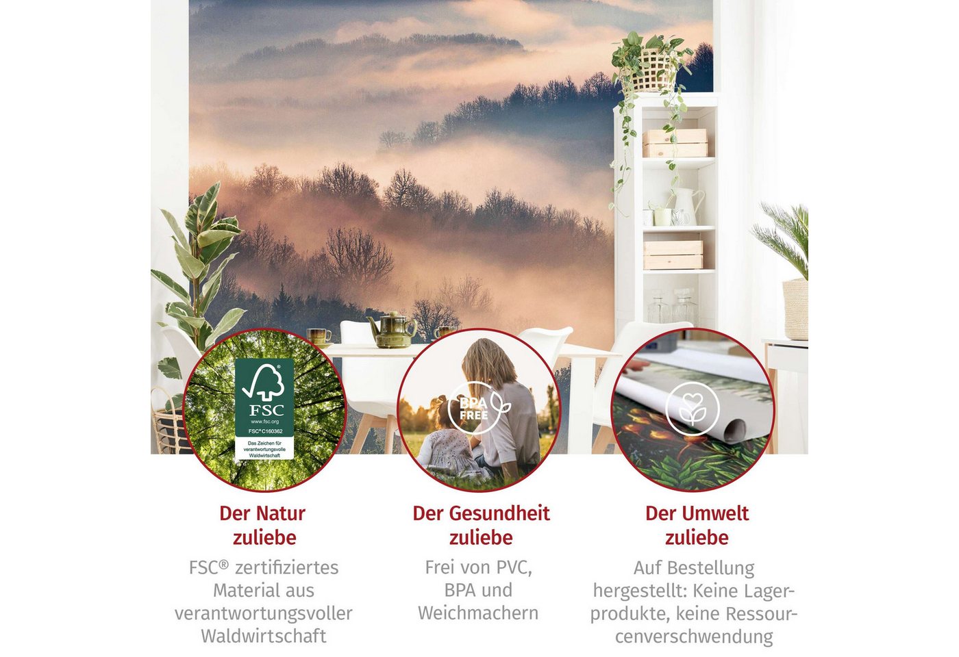Bilderdepot24 Fototapete Wald Nebel Sonnenuntergang Natur Landschaft Waldtapete Bäume, Glatt, Matt, (Vliestapete inkl. Kleister oder selbstklebend), Wohnzimmer Schlafzimmer Küche Flur Motivtapete Vliestapete Wandtapete Bild 3