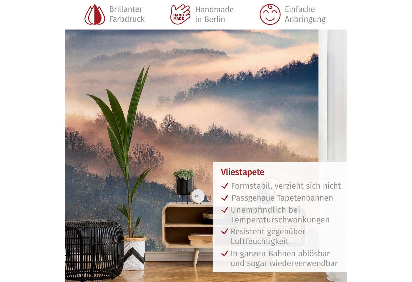 Bilderdepot24 Fototapete Wald Nebel Sonnenuntergang Natur Landschaft Waldtapete Bäume, Glatt, Matt, (Vliestapete inkl. Kleister oder selbstklebend), Wohnzimmer Schlafzimmer Küche Flur Motivtapete Vliestapete Wandtapete Bild 5