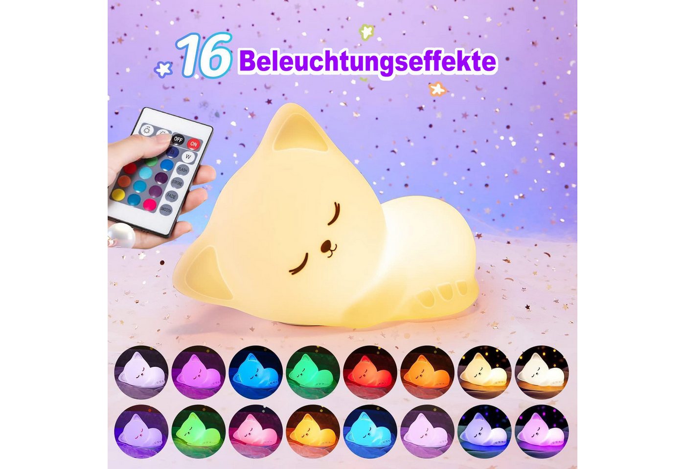 Futicare LED Nachtlicht Tier Nachtlicht, Nachtlicht süße Tiere Silikon, 16 Farben & 5 Helligkeiten, USB Wiederaufladbar, Baby Tischlampe für Kinderzimmer Babyzimmer Deko Bild 3
