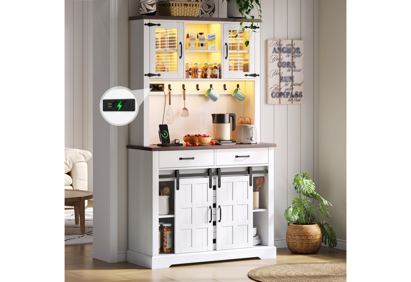 Flieks Küchenbuffet mit Steckdose, LED-Beleuchtung und Arbeitsplatte in Walnussholzfarbe (108x40x181 cm, 1-St., Mehrzweckschrank mit verstellbarer Einlegeböden und Haken) Hochschrank Küchenschrank mit Schiebetüren, Glastüren und 6 Schubladen