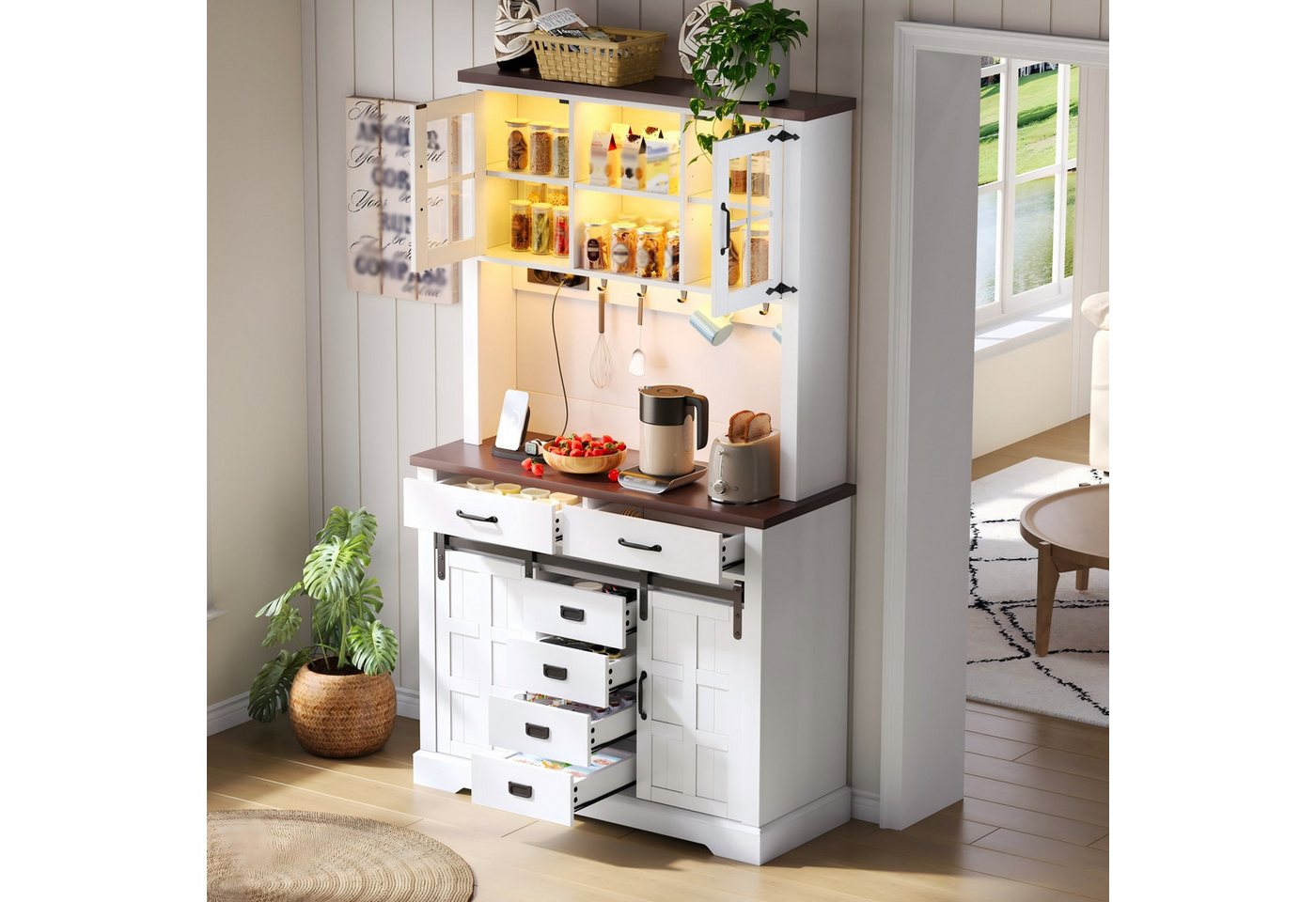 Flieks Küchenbuffet mit Steckdose, LED-Beleuchtung und Arbeitsplatte in Walnussholzfarbe (108x40x181 cm, 1-St., Mehrzweckschrank mit verstellbarer Einlegeböden und Haken) Hochschrank Küchenschrank mit Schiebetüren, Glastüren und 6 Schubladen Bild 2