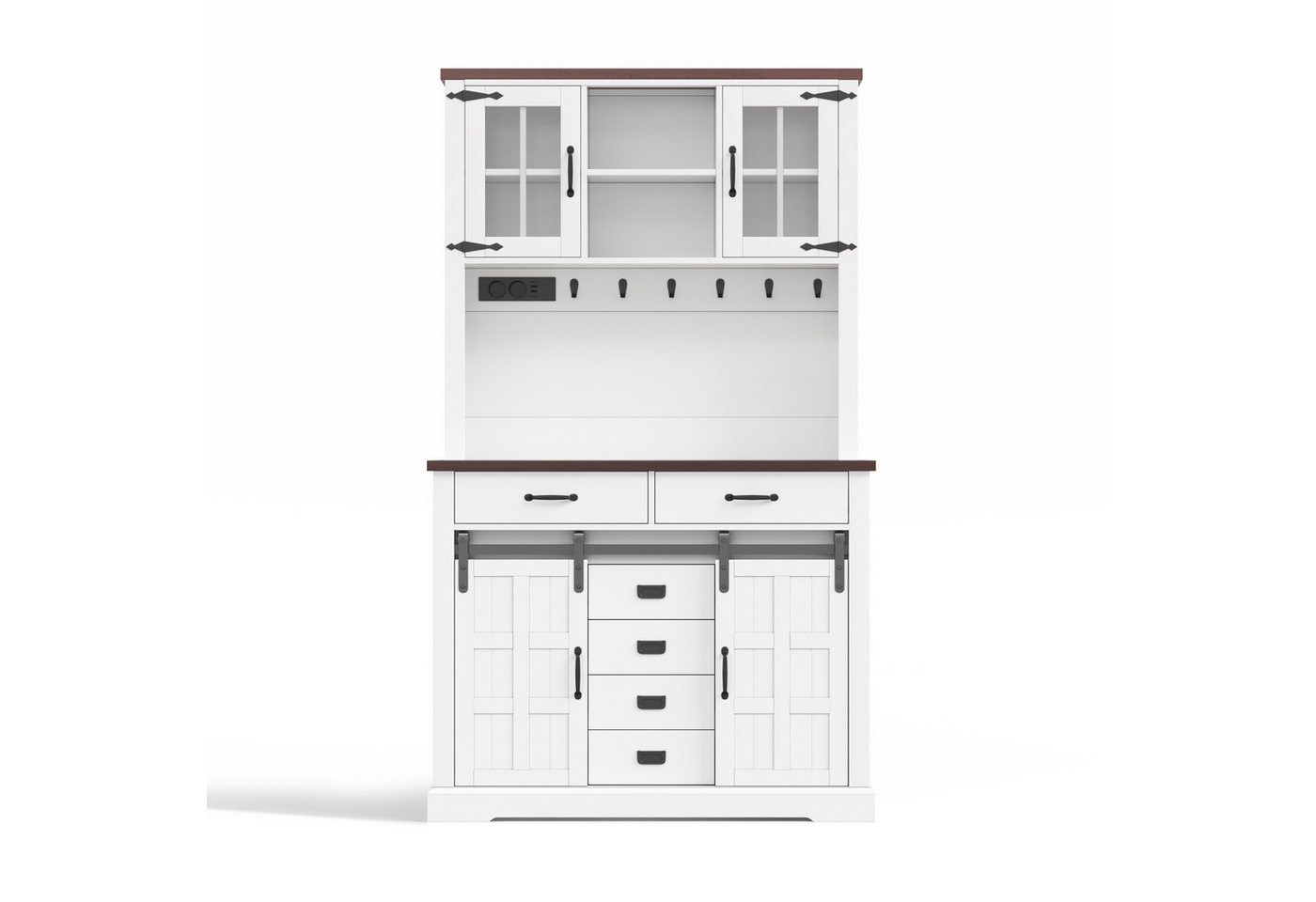 Flieks Küchenbuffet mit Steckdose, LED-Beleuchtung und Arbeitsplatte in Walnussholzfarbe (108x40x181 cm, 1-St., Mehrzweckschrank mit verstellbarer Einlegeböden und Haken) Hochschrank Küchenschrank mit Schiebetüren, Glastüren und 6 Schubladen Bild 3