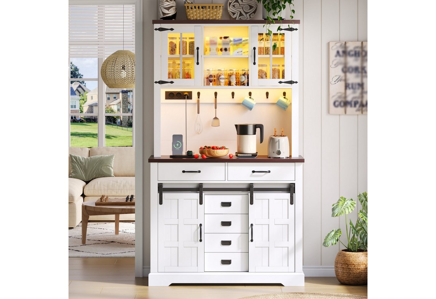 Flieks Küchenbuffet mit Steckdose, LED-Beleuchtung und Arbeitsplatte in Walnussholzfarbe (108x40x181 cm, 1-St., Mehrzweckschrank mit verstellbarer Einlegeböden und Haken) Hochschrank Küchenschrank mit Schiebetüren, Glastüren und 6 Schubladen Bild 5