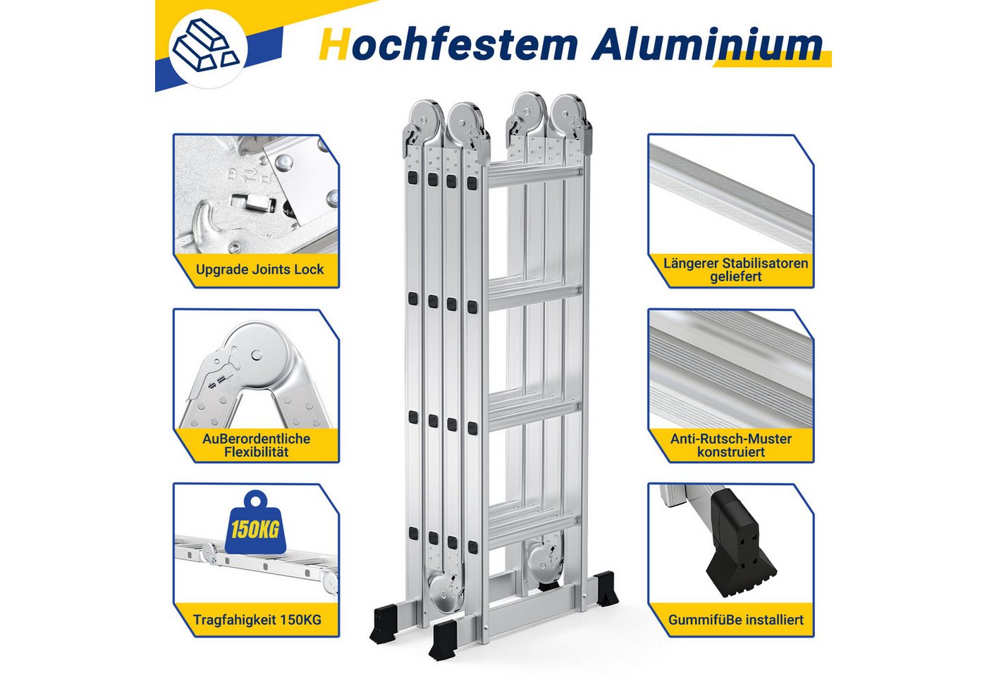 Clanmacy Vielzweckleiter 7 in 1 Multifunktionsleiter Gerüst 578cm Mehrzweckleiter Klappleiter (Multifunktionsleiter, Vielzweckleiter, Gelenkleiter, Universalleiter, 4x5 Sprossen), Mühelose Portabilität Unabhängige Verriegelung Narrensicherer Betrieb Bild 2