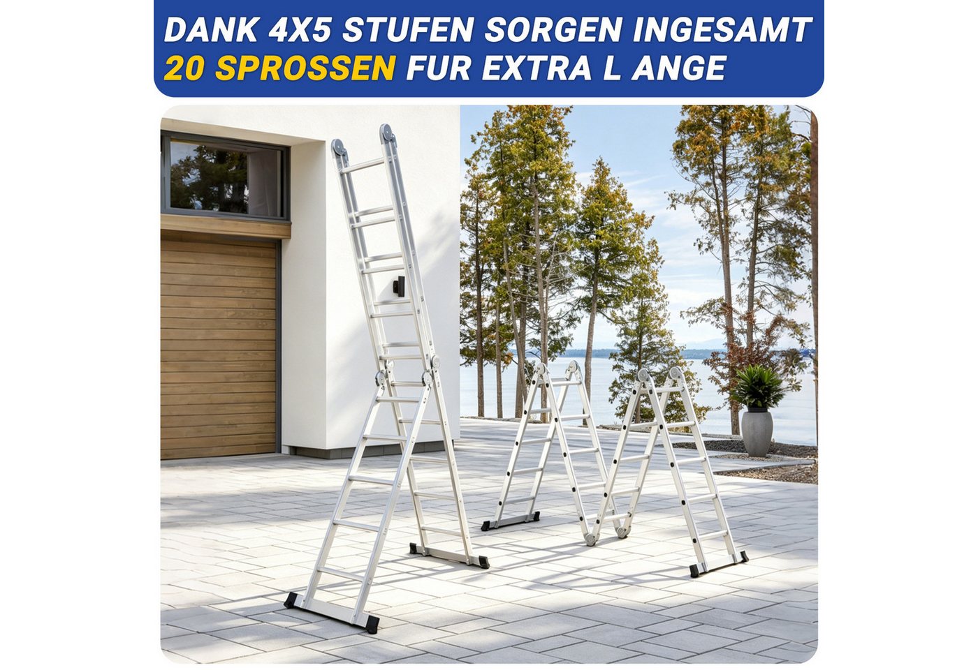 Clanmacy Vielzweckleiter 7 in 1 Multifunktionsleiter Gerüst 578cm Mehrzweckleiter Klappleiter (Multifunktionsleiter, Vielzweckleiter, Gelenkleiter, Universalleiter, 4x5 Sprossen), Mühelose Portabilität Unabhängige Verriegelung Narrensicherer Betrieb Bild 3