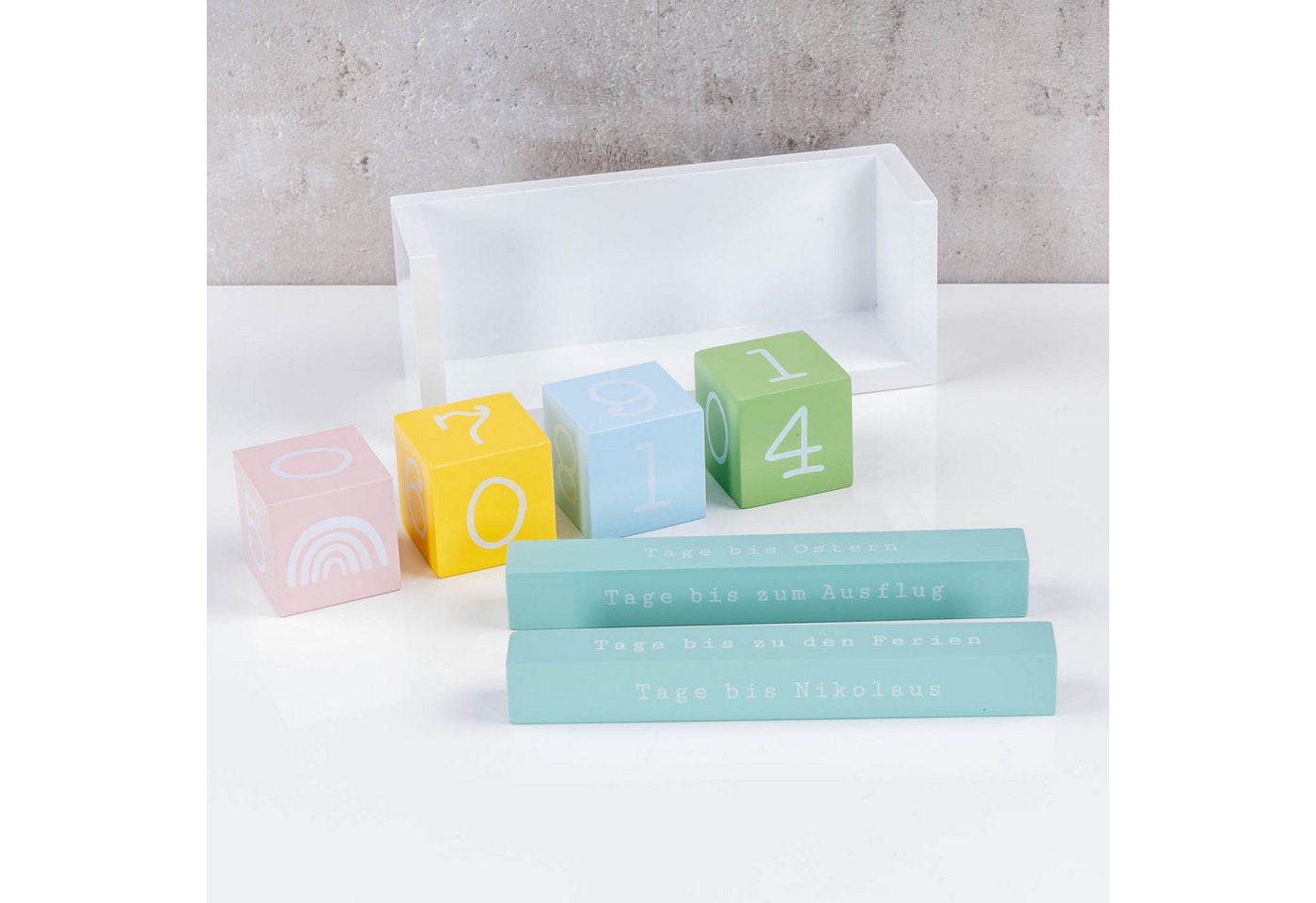 Levandeo® Countdown Kalender, Würfel Countdown Kalender Holz Bunt Weiß Holzkalender Tischkalender