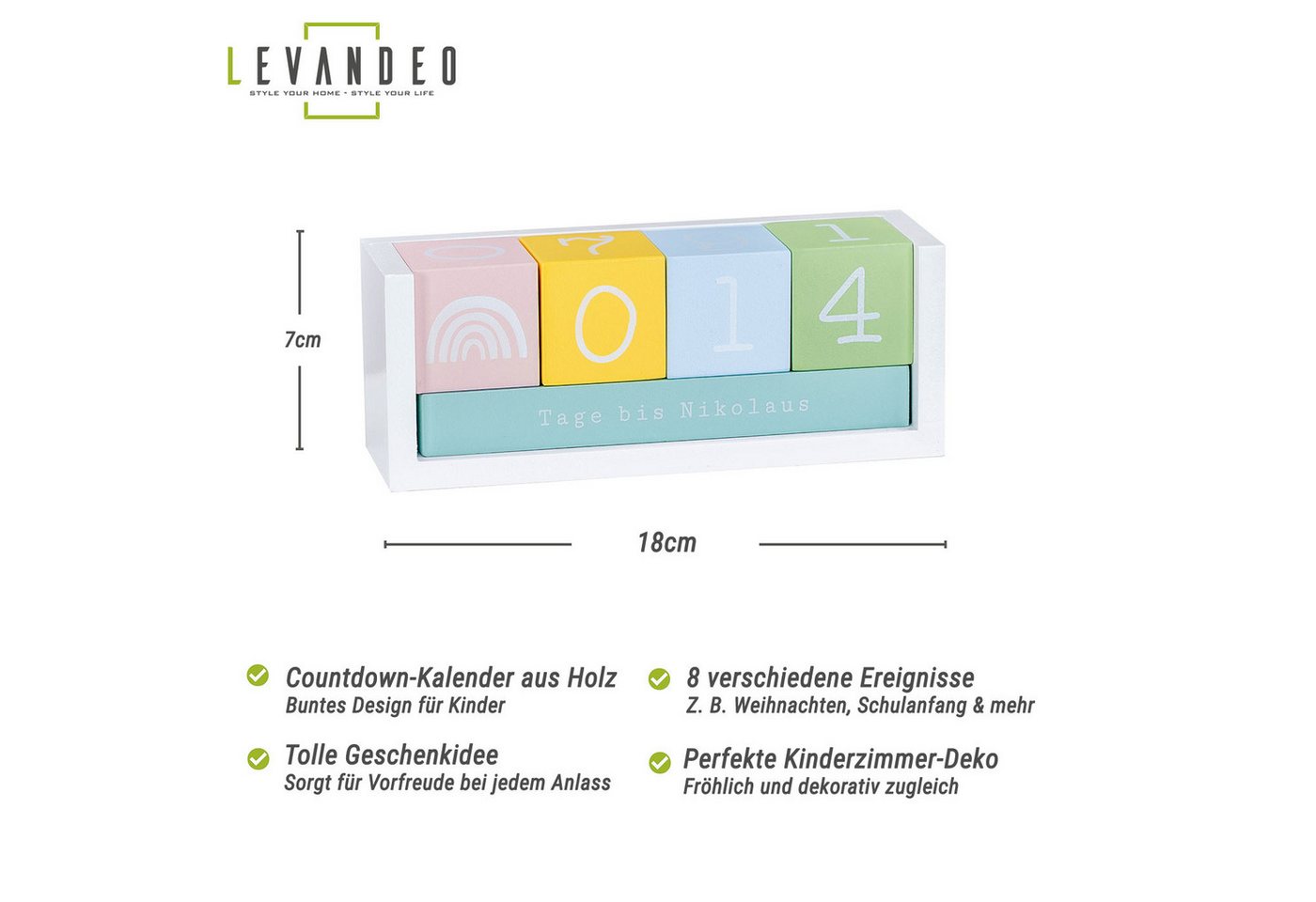 Levandeo® Countdown Kalender, Würfel Countdown Kalender Holz Bunt Weiß Holzkalender Tischkalender Bild 3