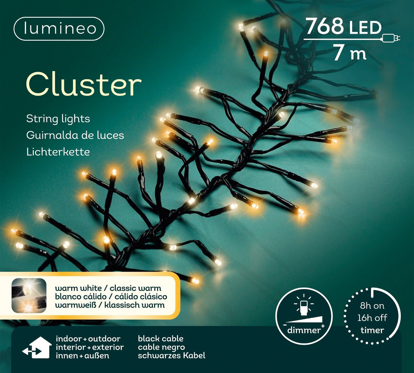 Lumineo LED-Lichterkette Lumineo Lichterkette CLUSTER 768 LED 7 m, warm weiß + klassisch warm, Dimmbar, 8h-Timer, Indoor/Outdoor, 2 Farben