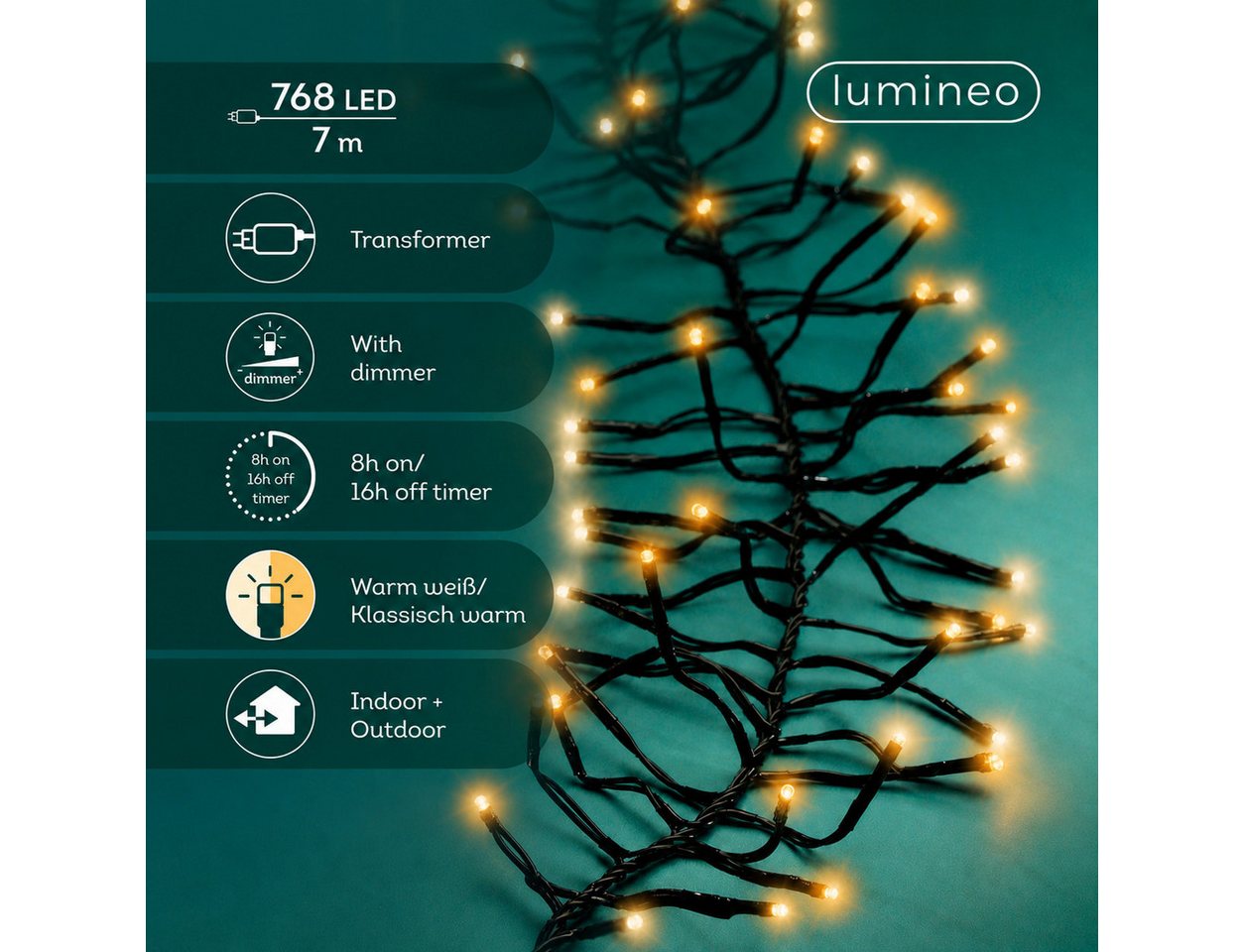Lumineo LED-Lichterkette Lumineo Lichterkette CLUSTER 768 LED 7 m, warm weiß + klassisch warm, Dimmbar, 8h-Timer, Indoor/Outdoor, 2 Farben Bild 4