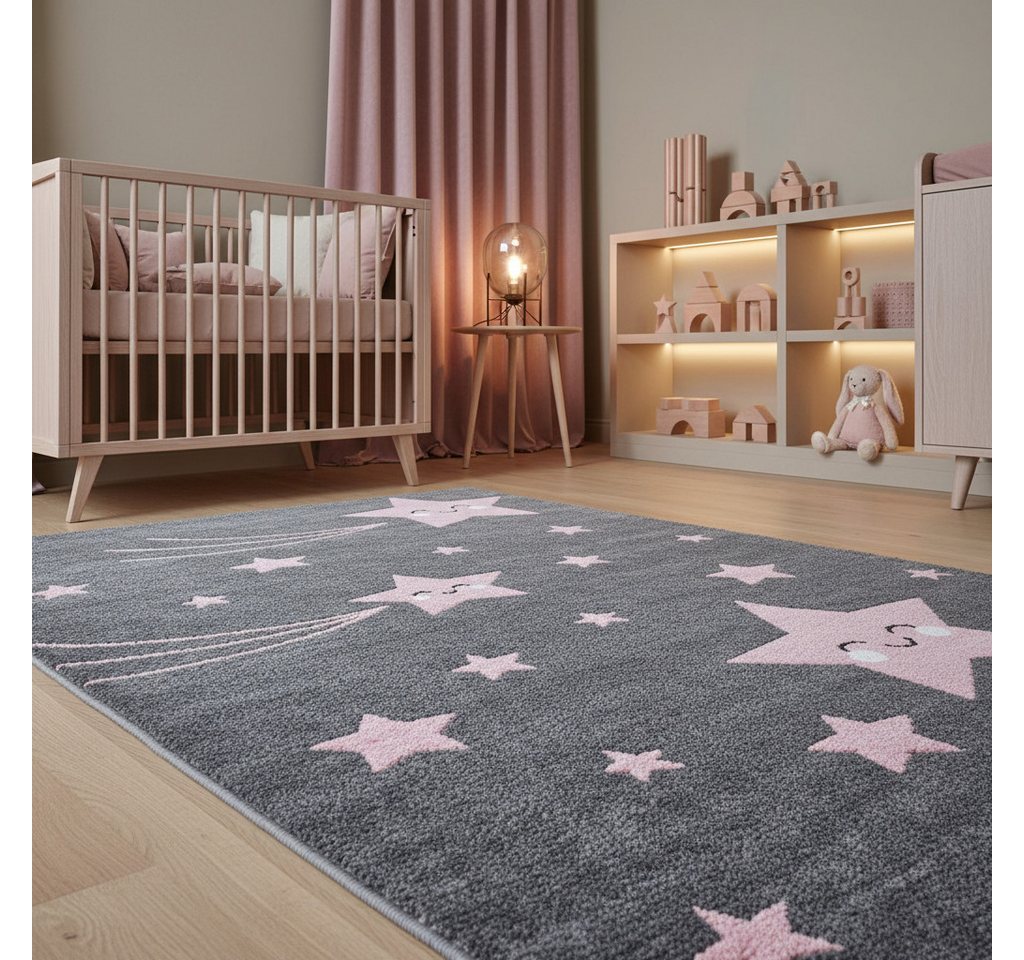 KADIMA DESIGN Kinderteppich TASNA Spielteppich Kinderzimmer Bunt Waschbar Strapazierfähig, Läufer, Höhe: 13 mm, Pink, 80x150 cm, Kurzflorteppich Sterne Waschbar