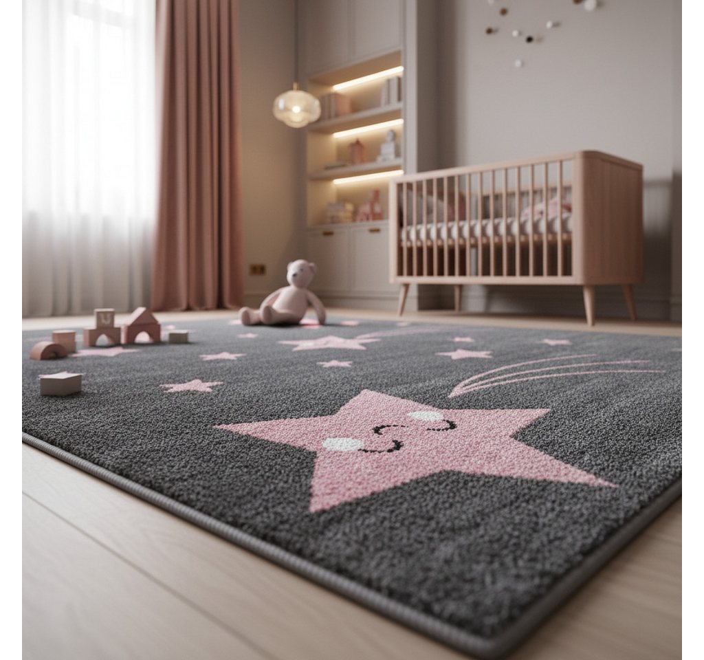 KADIMA DESIGN Kinderteppich TASNA Spielteppich Kinderzimmer Bunt Waschbar Strapazierfähig, Läufer, Höhe: 13 mm, Pink, 80x150 cm, Kurzflorteppich Sterne Waschbar Bild 2