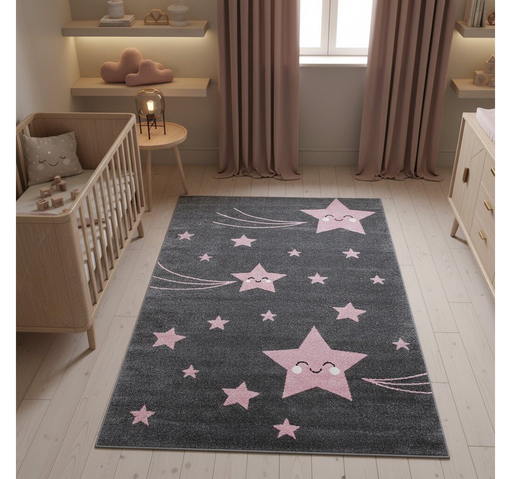 KADIMA DESIGN Kinderteppich TASNA Spielteppich Kinderzimmer Bunt Waschbar Strapazierfähig, Läufer, Höhe: 13 mm, Pink, 80x150 cm, Kurzflorteppich Sterne Waschbar Bild 4