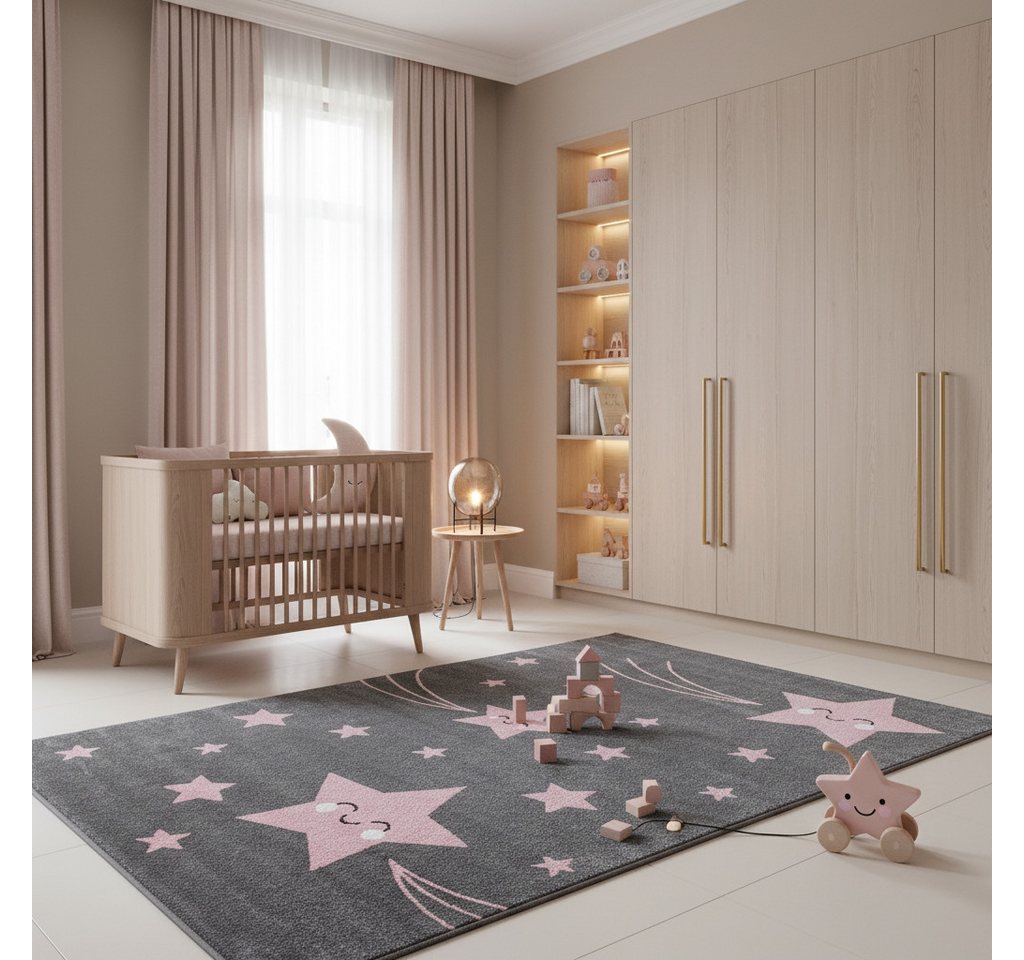 KADIMA DESIGN Kinderteppich TASNA Spielteppich Kinderzimmer Bunt Waschbar Strapazierfähig, Läufer, Höhe: 13 mm, Pink, 80x150 cm, Kurzflorteppich Sterne Waschbar Bild 5