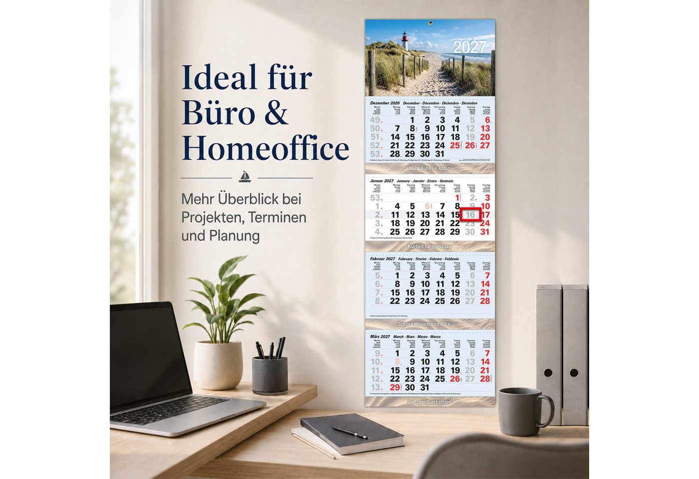 TOBJA Wandkalender 4 Monatskalender 2027 Nordsee Leuchtturm Strand 32x95,5 maritim FSC, Leuchtturm-Motiv, maritim, 32x95,5 cm, Datumsschieber, Metallöse
