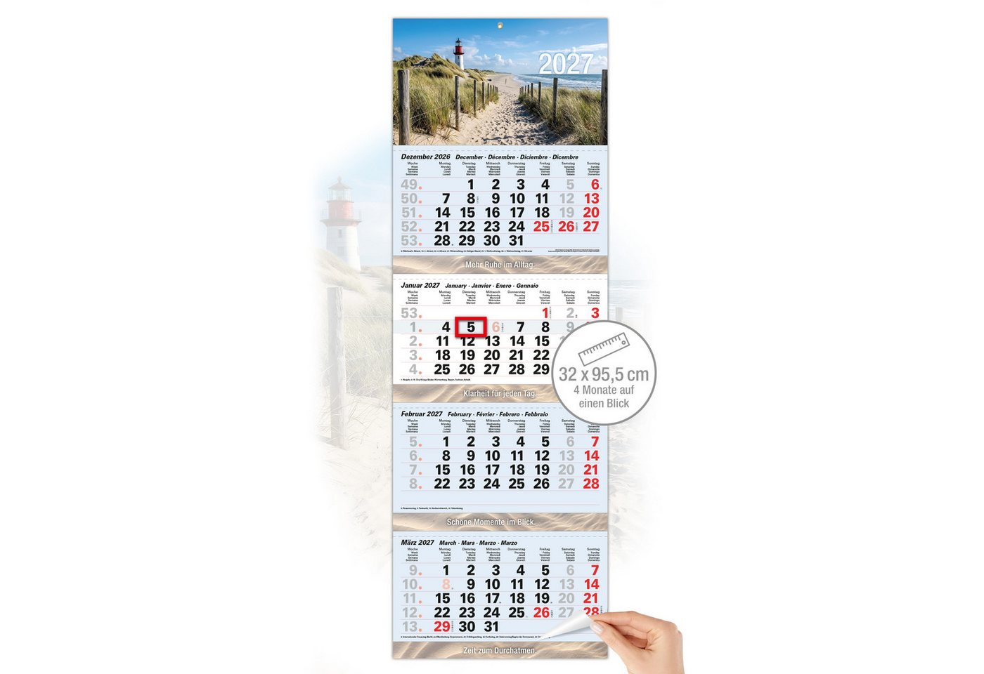 TOBJA Wandkalender 4 Monatskalender 2027 Nordsee Leuchtturm Strand 32x95,5 maritim FSC, Leuchtturm-Motiv, maritim, 32x95,5 cm, Datumsschieber, Metallöse Bild 2