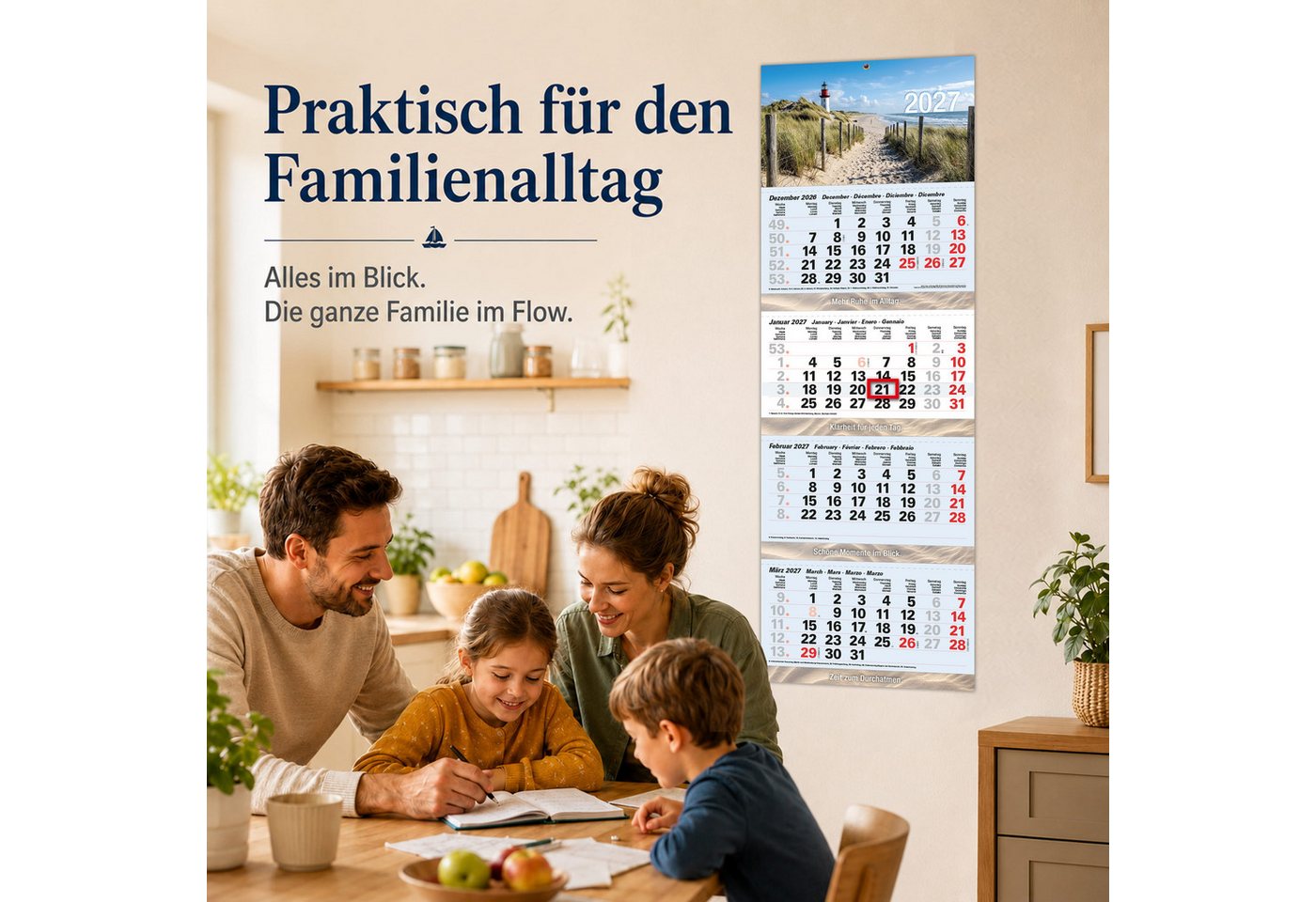 TOBJA Wandkalender 4 Monatskalender 2027 Nordsee Leuchtturm Strand 32x95,5 maritim FSC, Leuchtturm-Motiv, maritim, 32x95,5 cm, Datumsschieber, Metallöse Bild 3