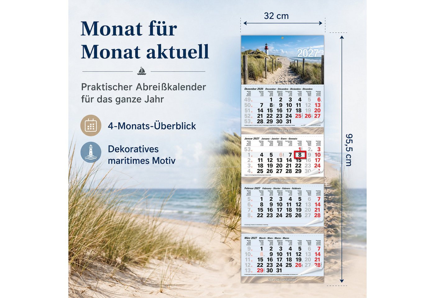 TOBJA Wandkalender 4 Monatskalender 2027 Nordsee Leuchtturm Strand 32x95,5 maritim FSC, Leuchtturm-Motiv, maritim, 32x95,5 cm, Datumsschieber, Metallöse Bild 4