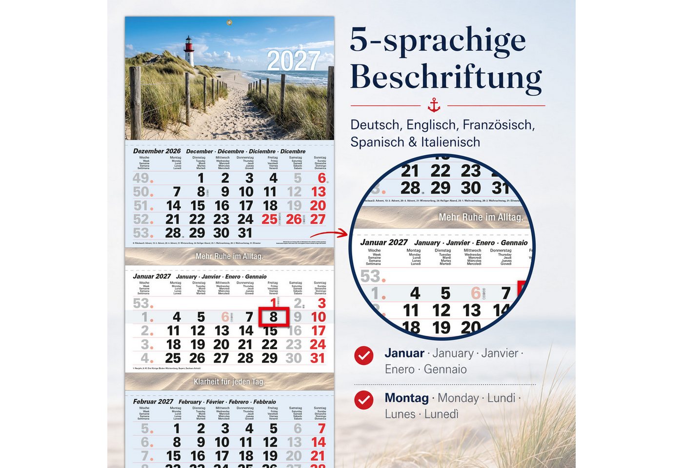 TOBJA Wandkalender 4 Monatskalender 2027 Nordsee Leuchtturm Strand 32x95,5 maritim FSC, Leuchtturm-Motiv, maritim, 32x95,5 cm, Datumsschieber, Metallöse Bild 5