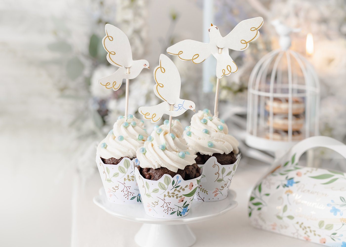 partydeco Papierdekoration, Cake Topper Tauben 14,5cm weiß gold 6er Set Bild 3