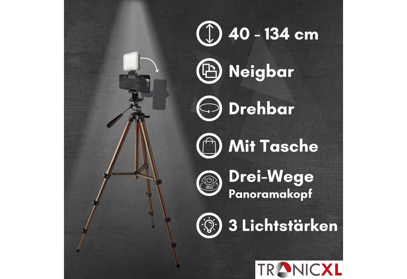 TronicXL Lichtanlage Smartphone Stativ mit Licht Halterung für Apple Iphone Samsung Xiaomi, Videolampe Videoleuchte Selfie Video Foto