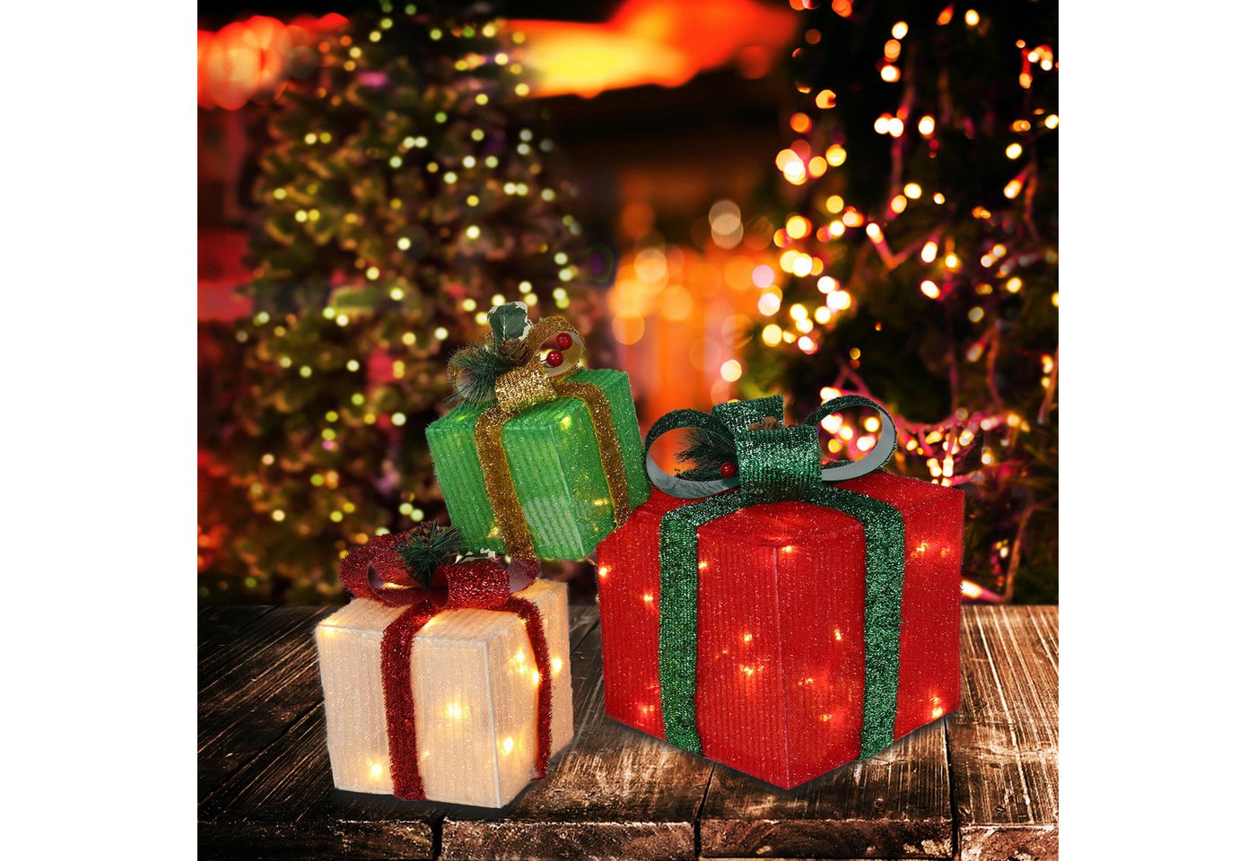 LALAHO LED Dekolicht LED Geschenkbox Weihnachtsdeko 3er Set, mit 60 warmweißen LEDs Weihnachtsdeko beleuchtete 20/13.5/11 cm