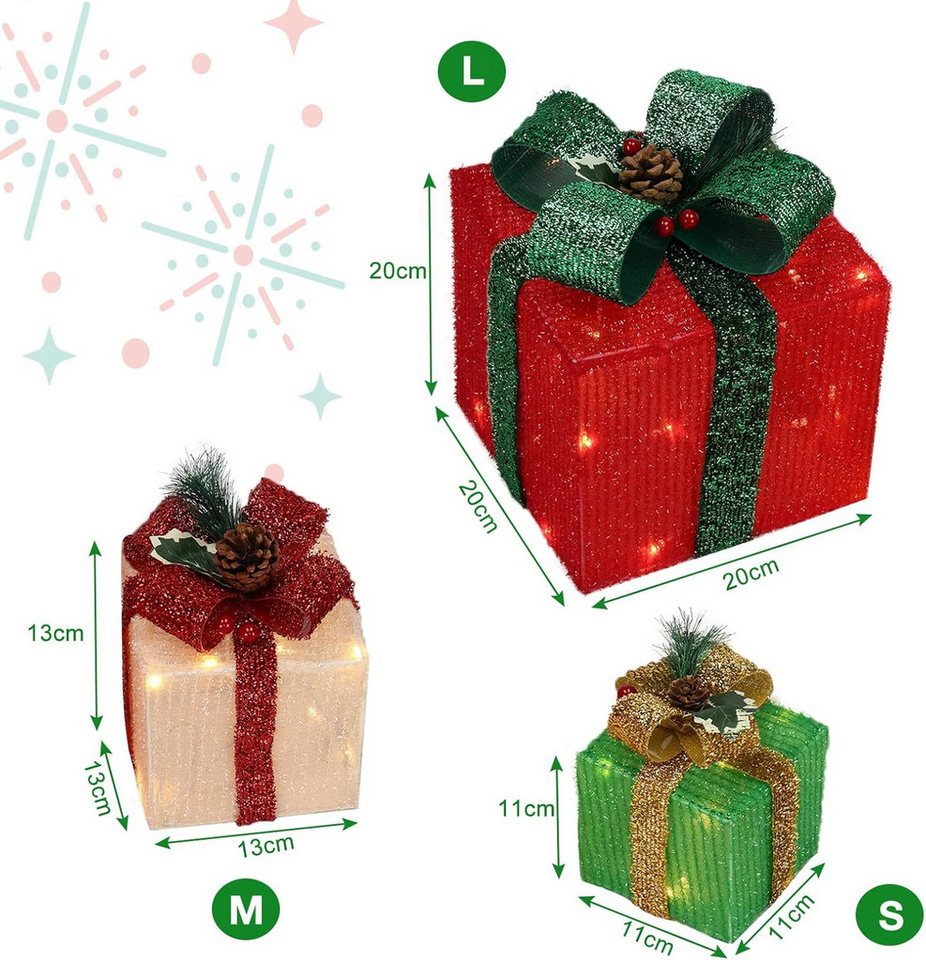 LALAHO LED Dekolicht LED Geschenkbox Weihnachtsdeko 3er Set, mit 60 warmweißen LEDs Weihnachtsdeko beleuchtete 20/13.5/11 cm Bild 2