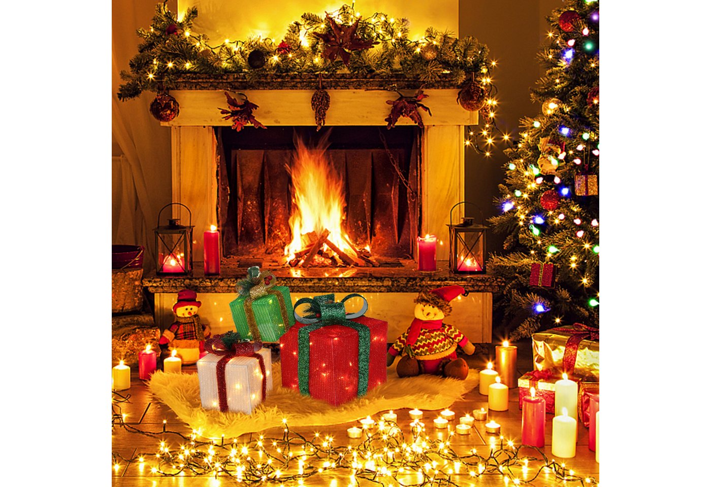 LALAHO LED Dekolicht LED Geschenkbox Weihnachtsdeko 3er Set, mit 60 warmweißen LEDs Weihnachtsdeko beleuchtete 20/13.5/11 cm Bild 3